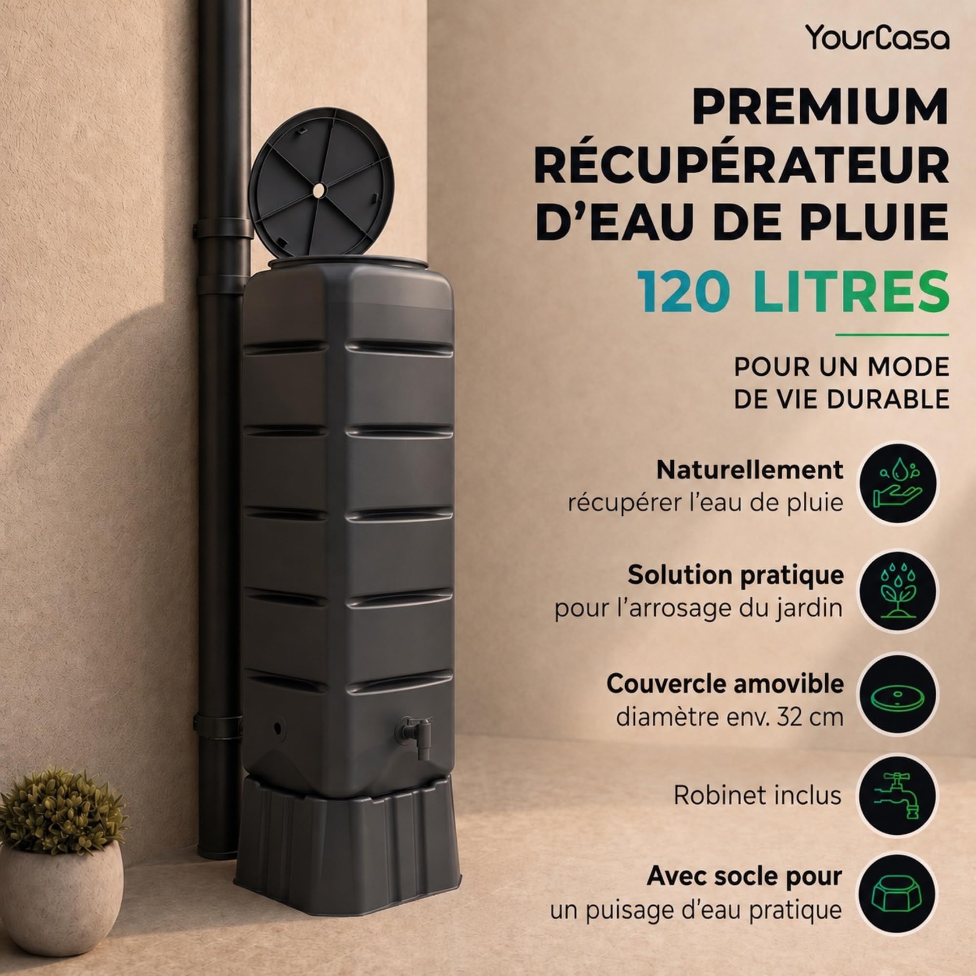 YourCasa Recuperateur d Eau de Pluie [Tower] 120L avec Pied, Couvercle et Robinet – recuperateur Eau de Pluie – récupérateur Eau de Pluie – Réservoir d'eau de Pluie – Reservoir Eau de Pluie (Gris)