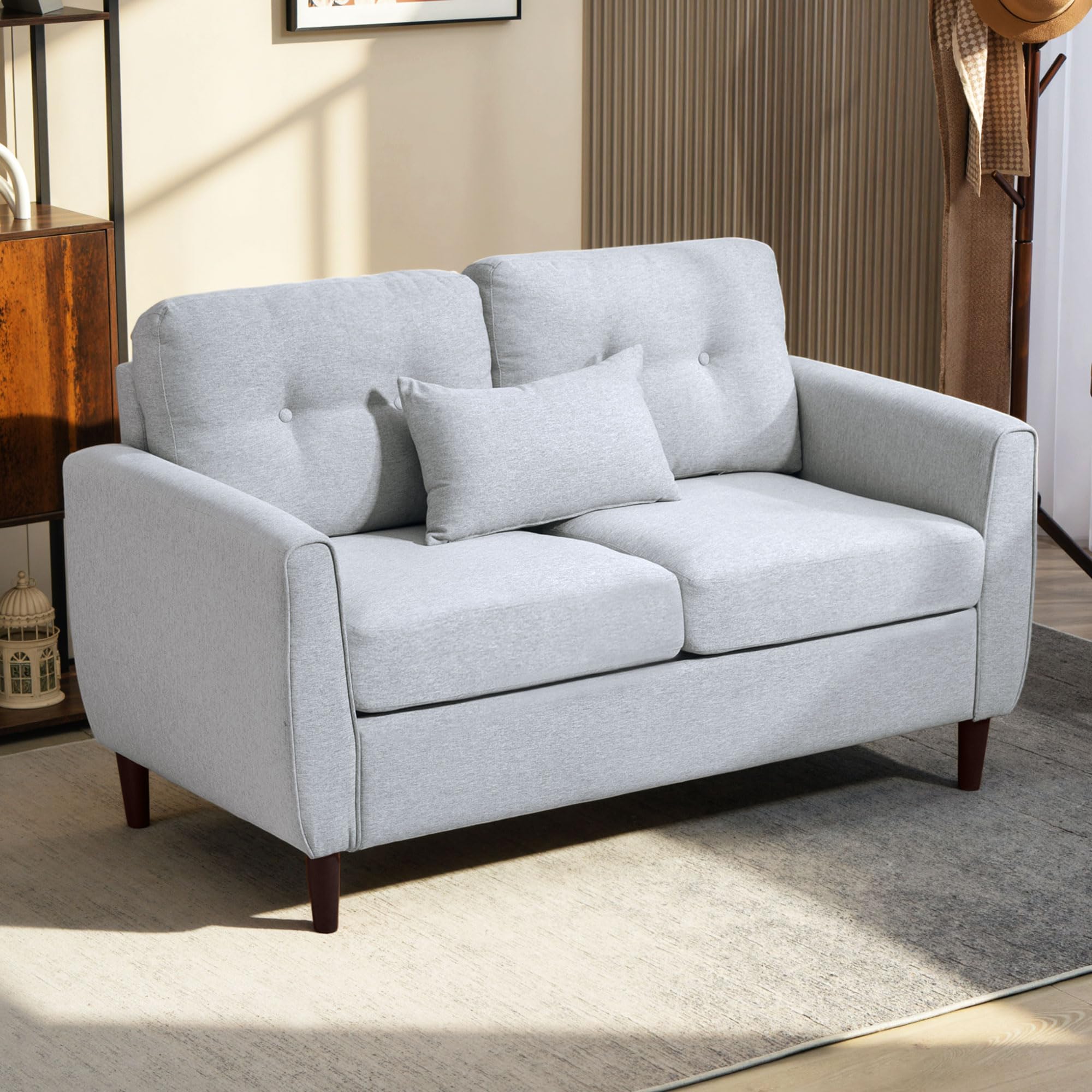 HOMCOM 2 Seater Sofa with Spring Cushion, Fabric Sofa with Wooden Legs, Modern Love Seat for Living Room, 140cm Width Tufted Couch for Bedroom, Light Grey