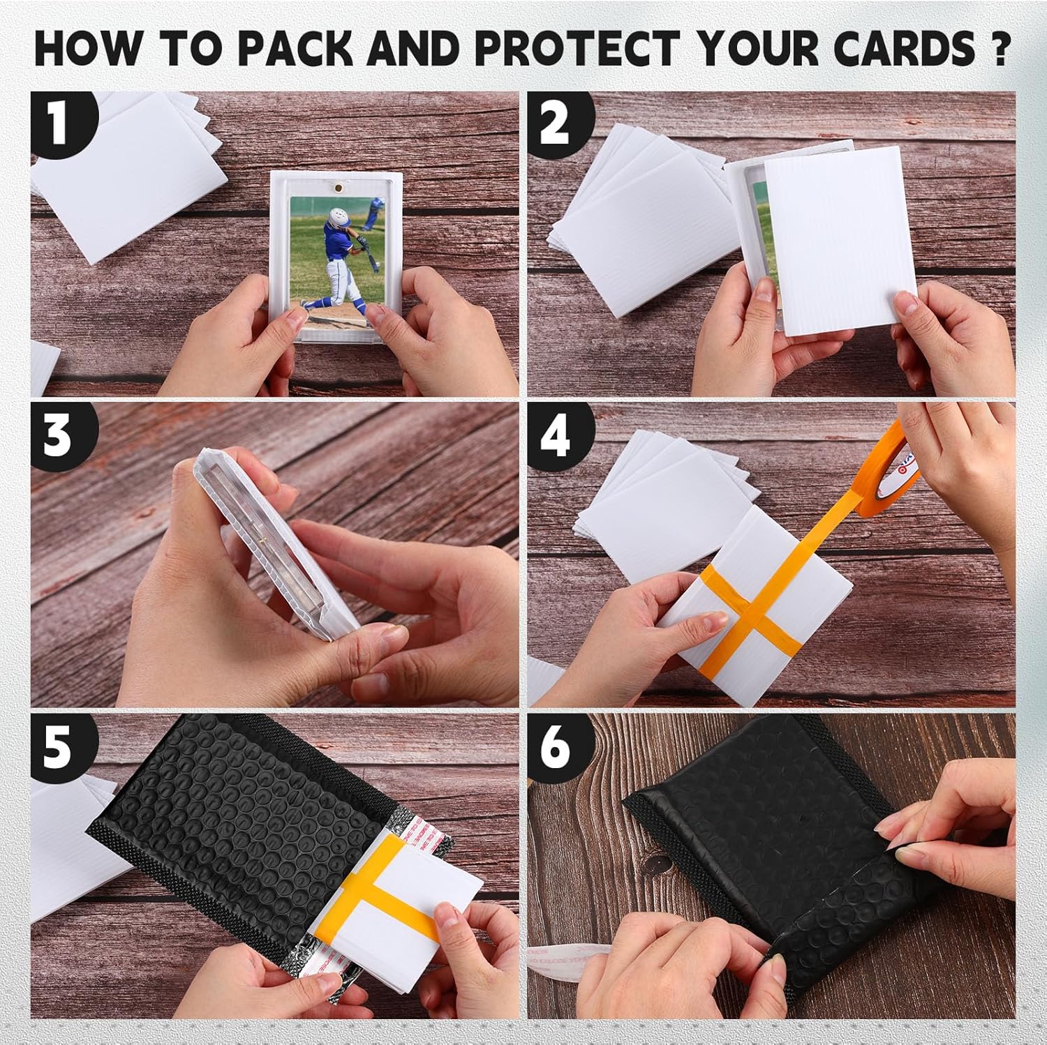 Engrowtic 302 Pcs Trading Card Shipping Protector Set Include 200 Precut Plastic Inserts Card Mailers 100 Poly Bubble Mailers Padded Envelopes and 2 Masking Tape (Black,5.5 x 6.3 Inch)