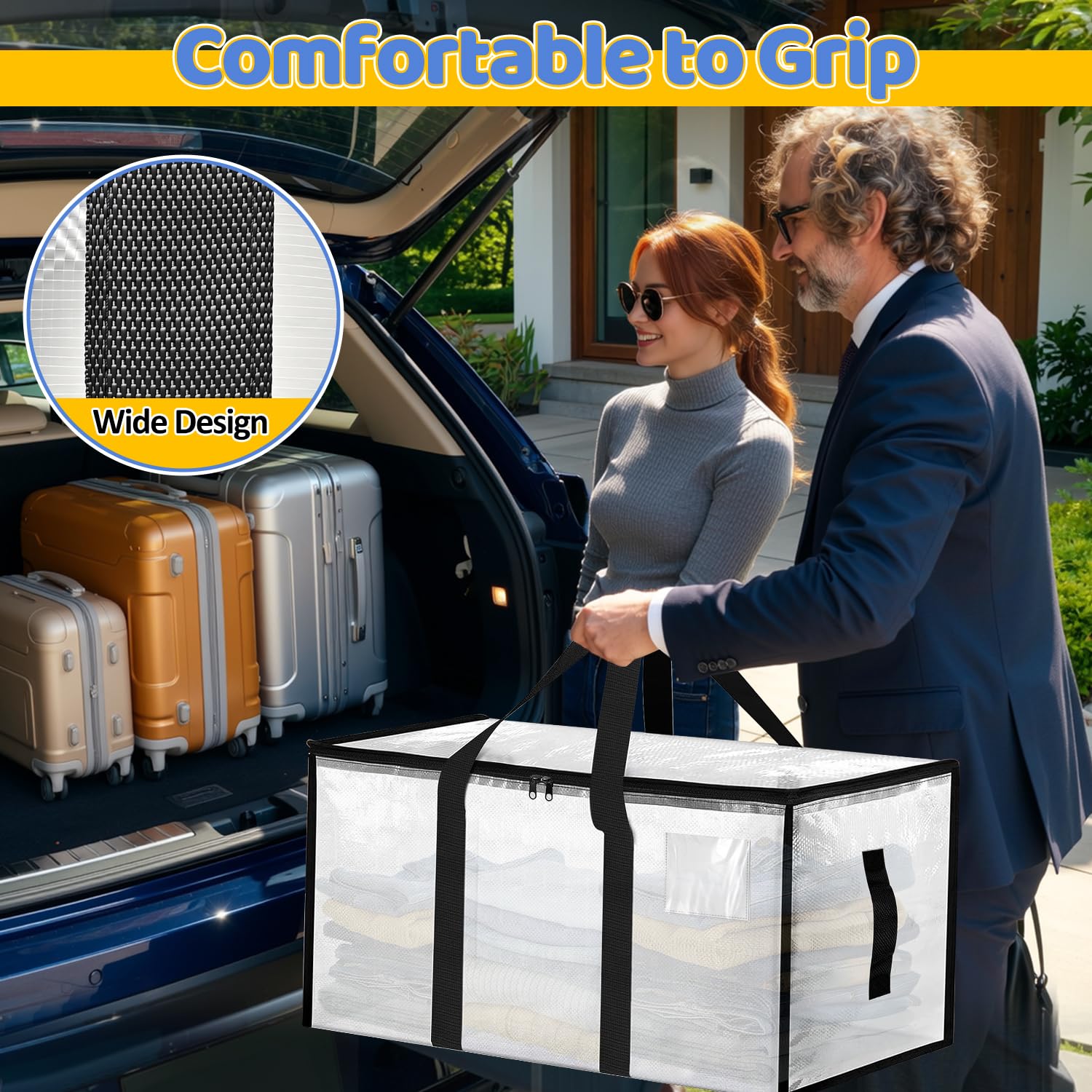 Borsa portaoggetti 4 pezzi Borse per traslochi, 88L Borsa portaoggetti grande trasparente, portaoggetti per vestiti con cerniera e maniglia per traslochi, campeggio, biancheria da letto, vestiti