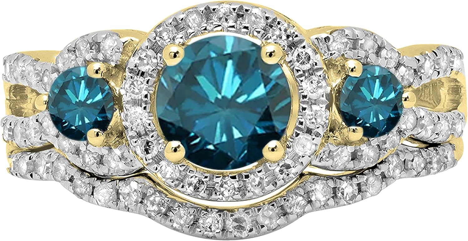 Dazzlingrock Collection 5.5 mm Round Center Gemstone & White Natural Diamond 3 Stone Halo Bridal Engagement Ring Set for Women in 18K Yellow Real Solid Gold