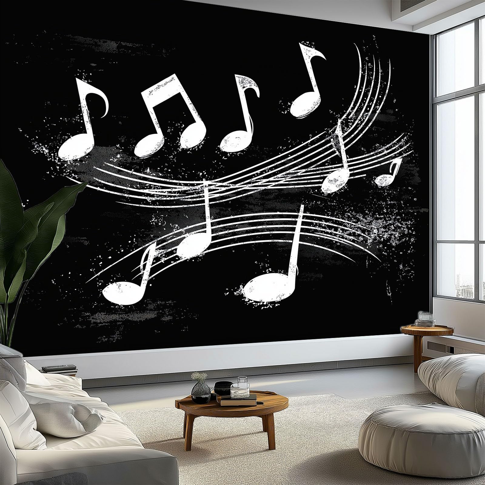 Papel Pintado Panorámico 3D Minimalista Música Nota Musical, Mural de Pared Estilo Grunge para Salón Dormitorio Habitación Infantil - Decoración Mural Fotográfica 300An x 210Al cm