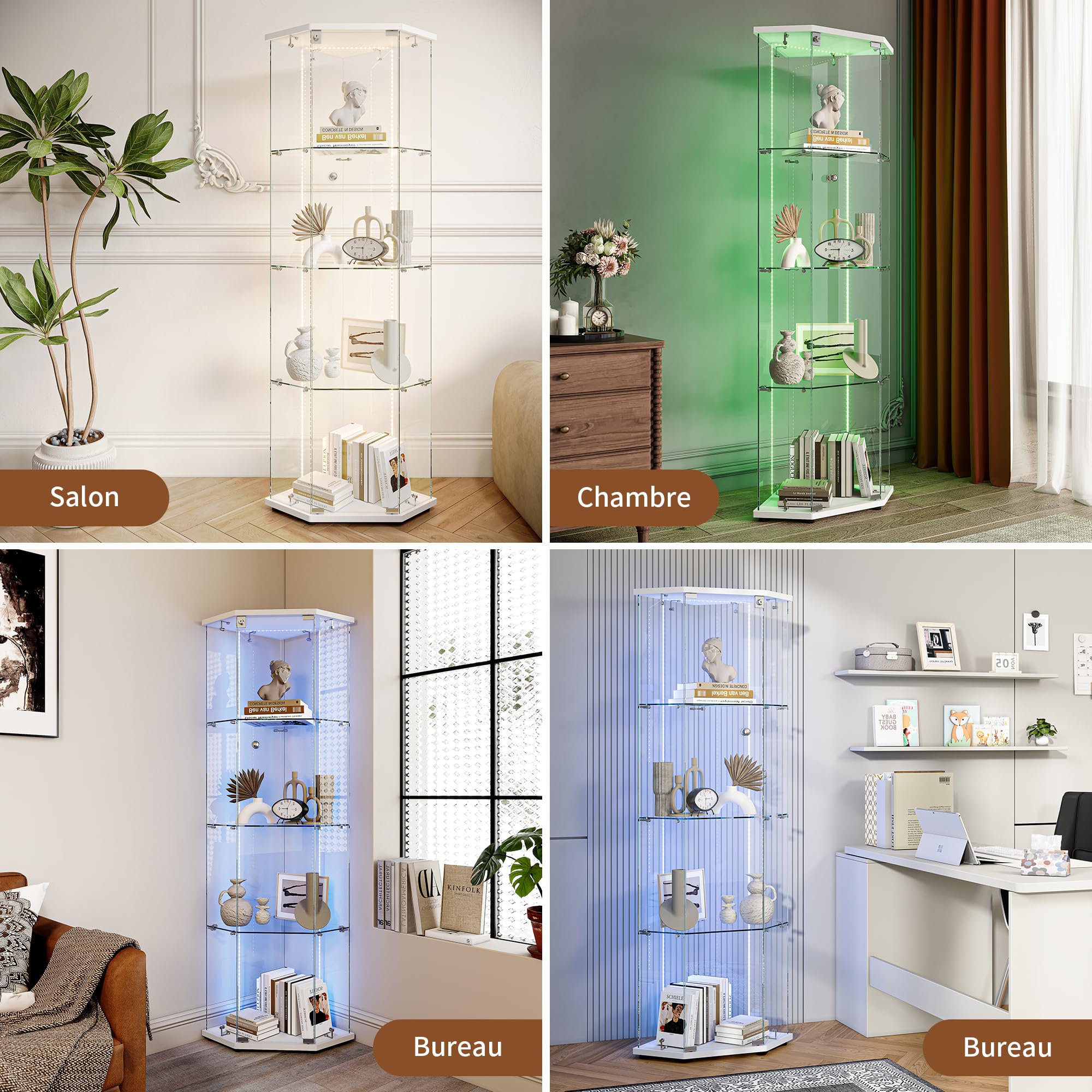 Vetrina angolare in vetro, vetrina su base in vetro LED, 4 ripiani 1 anta con porta, mobile vetrina in vetro con porta e serratura armadio vetrine a cinque angoli 162 x 60 x 35 cm (1 porta 4 strati