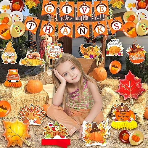 Miniatura 5 de Decoraciones de fiesta de Acción de Gracias, suministros de decoración de otoño, incluyendo pancarta de agradecimiento de calabaza, panal, centros
