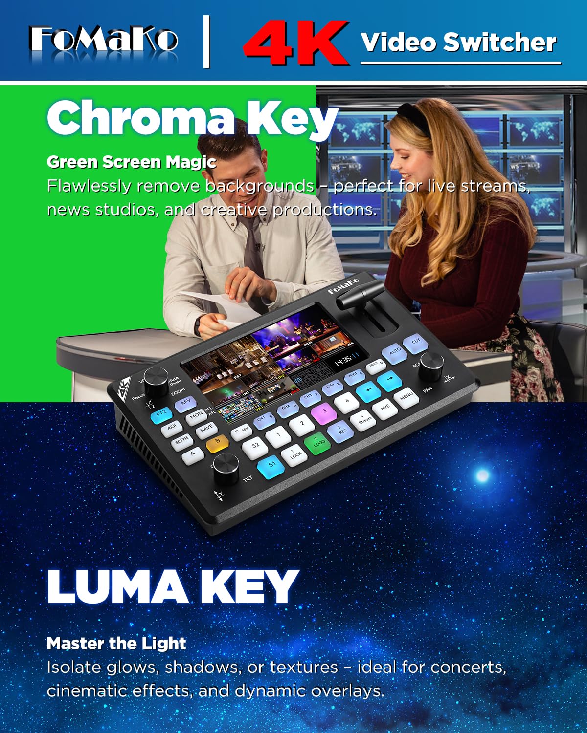 FoMaKo Przełącznik miksera wideo 4K, ekran LCD 5,5 cala, FHD, 4-kanałowy przełącznik transmisji na żywo HDMI, wejście 4K 60FPS, wyjście 1080p 60FPS, obsługa kontrolera PTZ, KC602