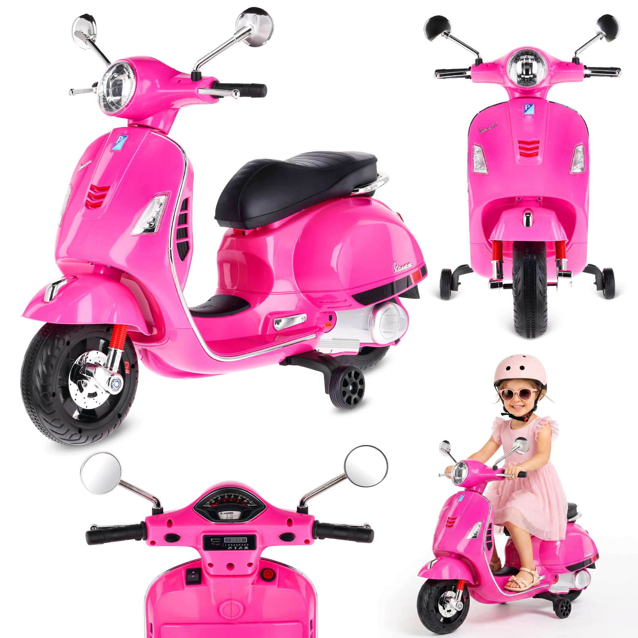 sun baby Kids ride on motorcycle Vespa from age 3, plastic wheels and seat, mp3 player (Fuchsia - without a trunk)