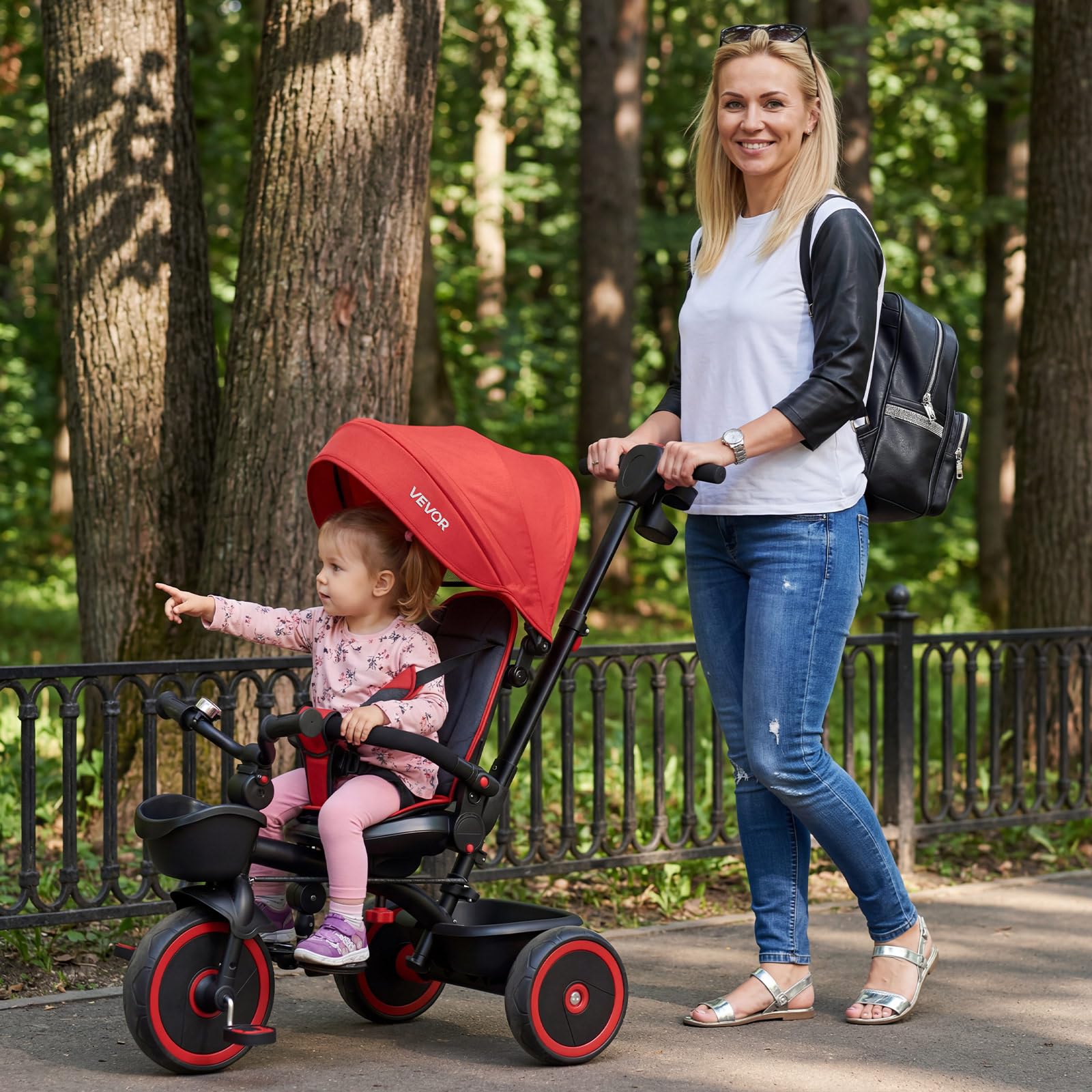 VEVOR Triciclos para Niños de 1 a 5 Años, Triciclo Infantil con Manillar de Empuje para Padres, Capota, Asiento Ajustable, Espacio de Almacenamiento, Cuadro de Acero al Carbono, Rosa y Negro