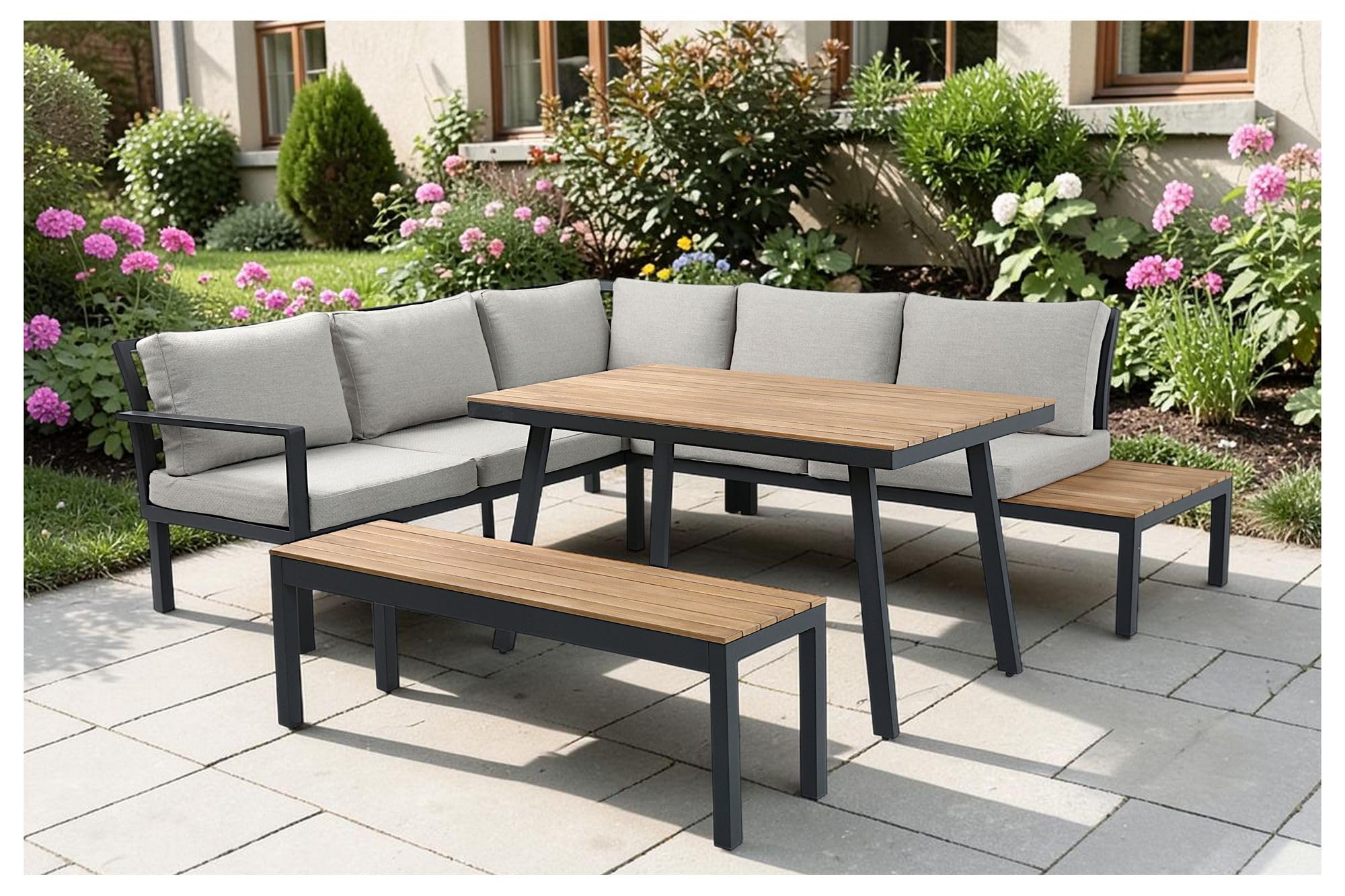 ALEOS. Gartenlounge wetterfest bis 7 Personen Lounge Aluminium Teakholz mit Bank OUTDOOR Polster Kissen Olefin BRASILIA Loungeecke Loungegarnitur Sitzgruppe Sofagarnitur Esstischlounge anthrazit beige