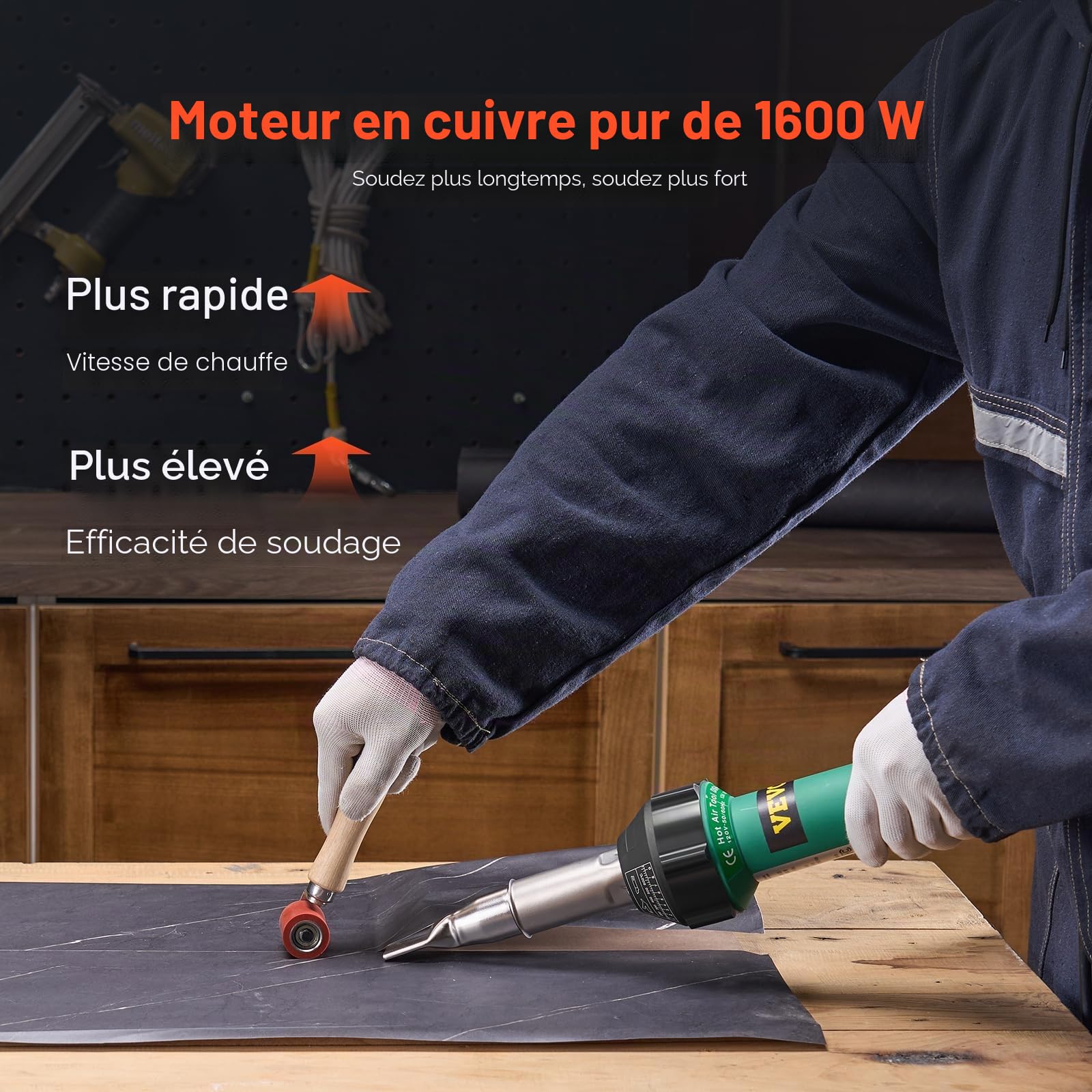 VEVOR Soudeur en plastique à air chaud, pistolet à air chaud de 1600 W, 50 à 600 °C en PVC TPO vinyle pour soudage de toiture en plastique avec 17 accessoires, boîte à outils, buse, rouleau, lames