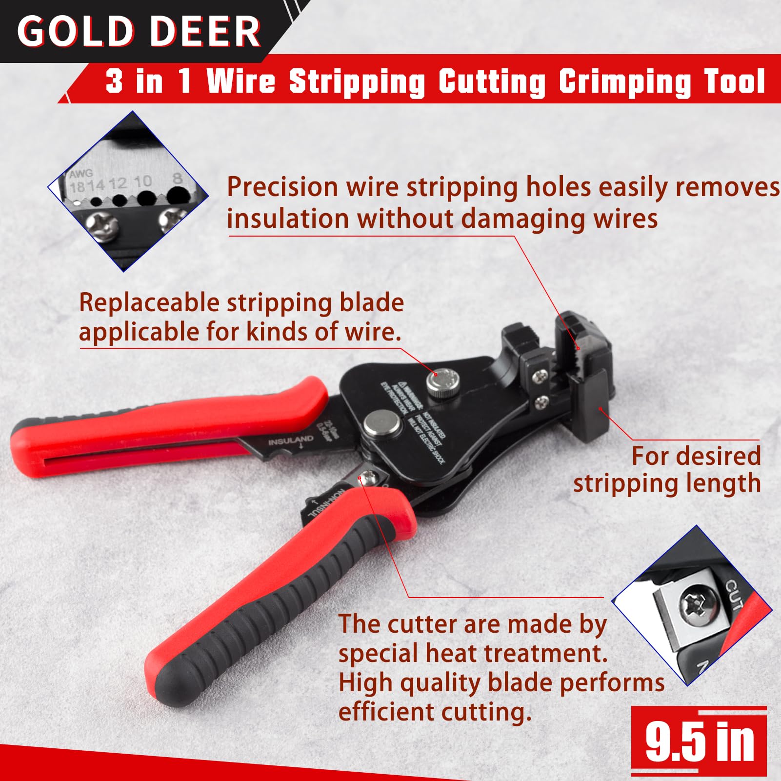 GOLD DEER Wire Stripper 3 in 1 Wire Stripping Cutting Crimping Tool 7-Inch Multifunctional Electrical Stripper Wire Stripping Tool Automatic Wire Stripper for 8-19AWG Solid with Lock Spring Loaded - Image 2