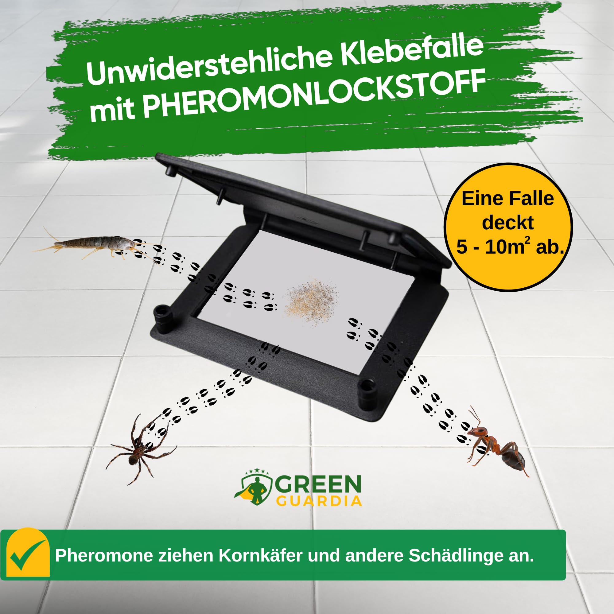 GREEN GUARDIA Kellerasseln Falle mit Pheromon-Lockstoff - 10x Fallen - umweltfreundlich Ungeziefer bekämpfen, Chemiefreie Pheromonfalle mit austauschbaren Klebeflächen, giftfrei und geruchsneutral