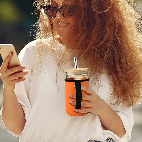 Miniatura 4 de Beautyflier Vasos de Vidrio Tarros Mason de 24 onzas con Funda de Neopreno, Funda de Neopreno para Tarro Mason de Boca Regular, Aisladores con Asa