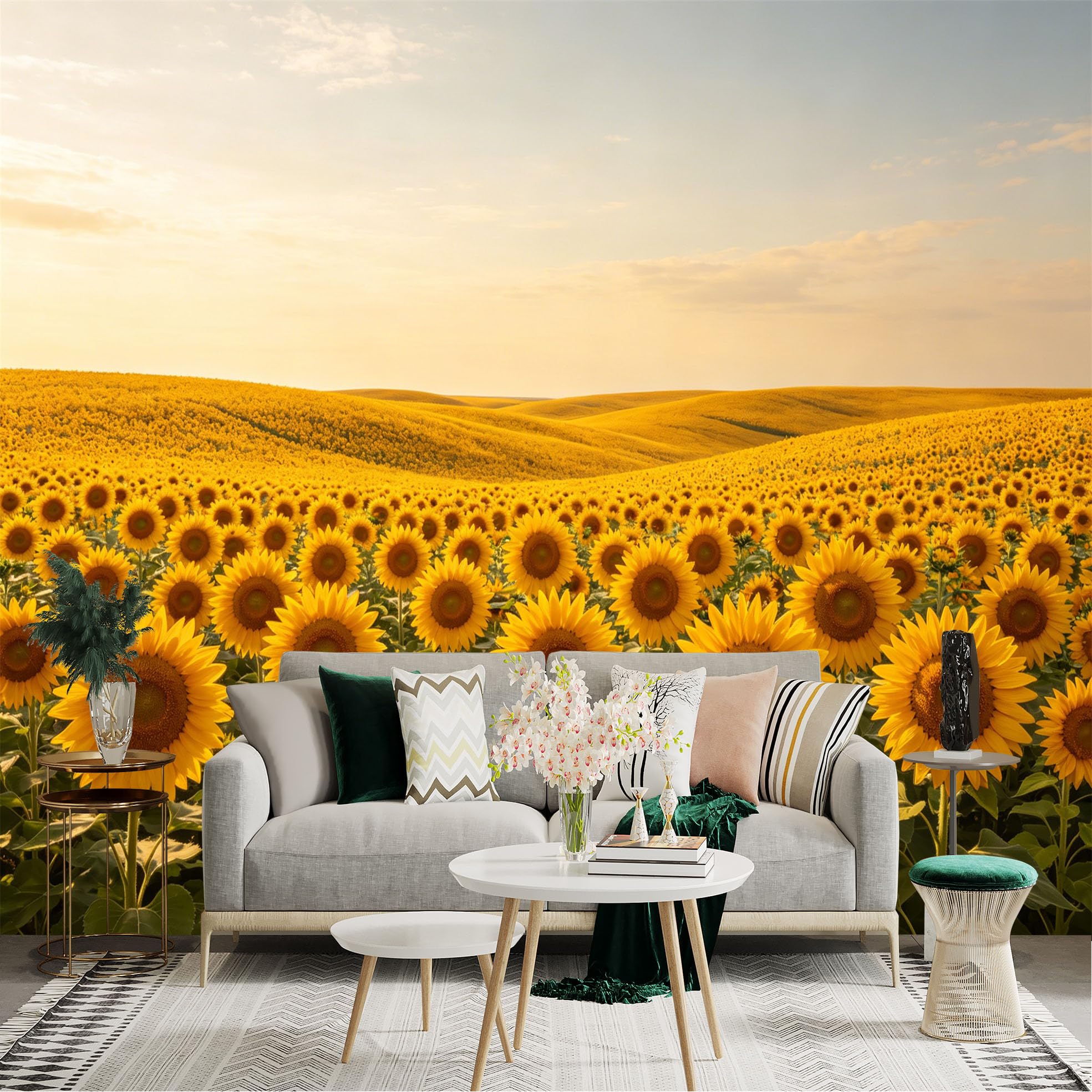 Lnzczhyre Dbh260521888 Custom Size Wall Sticker Mural， Vast Sunflower Field， Golden Hour Sunlight， Blooming Floral Landscape， Warm Summer Meadow， For Wall Decoration， Peelandstick Wall Decals.