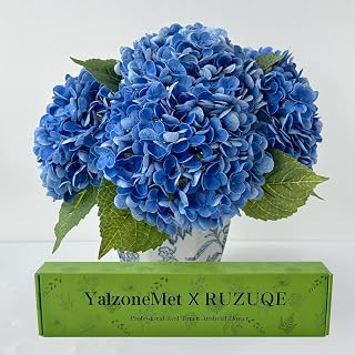 YalzoneMet 3 pcs Real Touch Dark Blue Hydrangea Artificial Flowers 21" Long Stems Large Bloom Faux Hydrangeas for Wedding Party Table Centerpieces Garden Xmas Home Decor