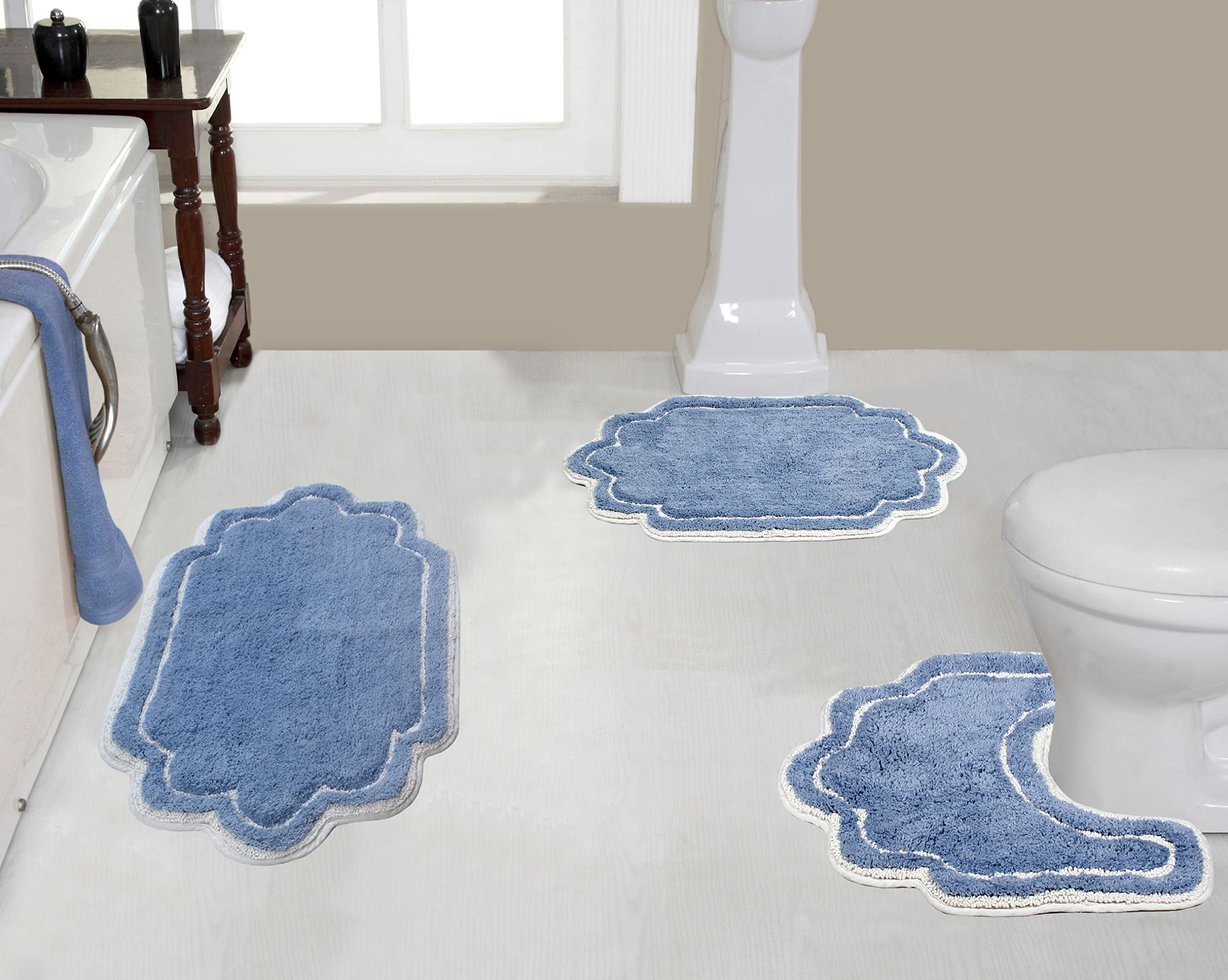 Home Weavers Colección Allure en Color sólido 100% algodón, Alfombra de baño, Supersuave y Absorbente, Lavable a máquina, Juego de 3 Piezas con Contorno, Azul