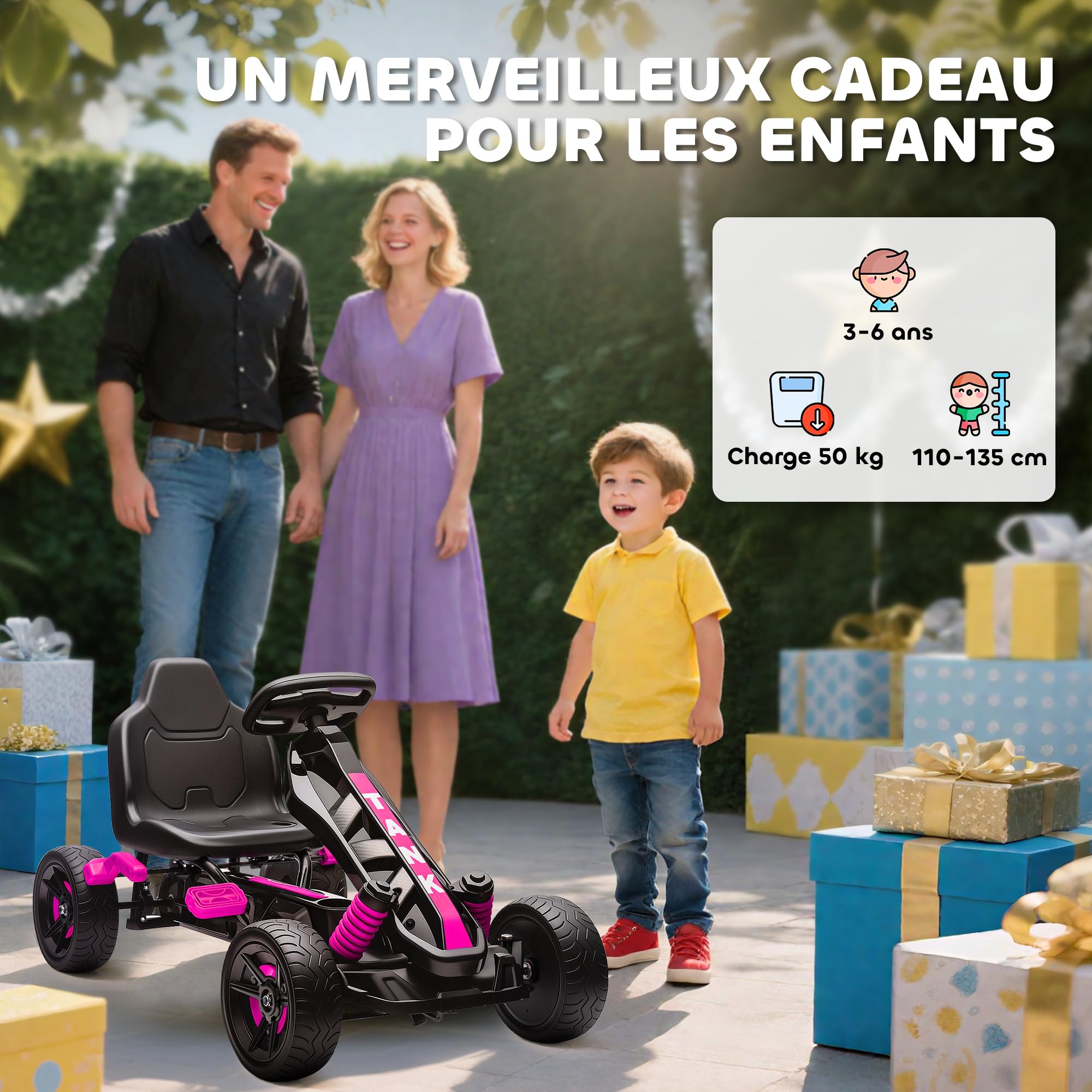 AIYAPLAY Kart a pedales para niños, karting infantil con embrague automático, freno, ruedas de EVA antideslizantes, avanzar y retroceder, coche a pedales para niños de 3 a 6 años, rosa
