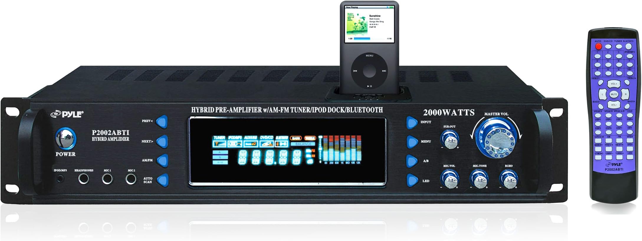 4-Channel Bluetooth Home Power Amplifier - 2000 Watt Audio Stereo Receiver w/ Speaker Selector, AUX, AM FM Radio, 30Pin iPod Dock, Karaoke Microphone Input - Home Entertainment System - Pyle P2002ABTI