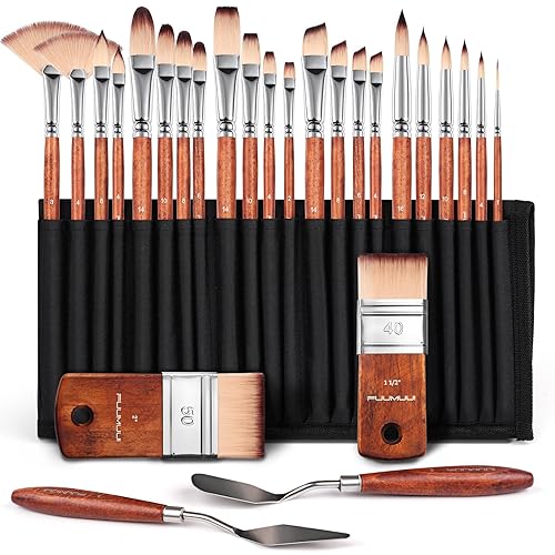 26pcs Paint Brush Set, Fuumuui Professional Acrylic Paint Brushes Complete Range of Sizes with Upgraded Short Handle Wide Flat Paintbrush for Acrylic, Oil, Watercolor and Gouache
