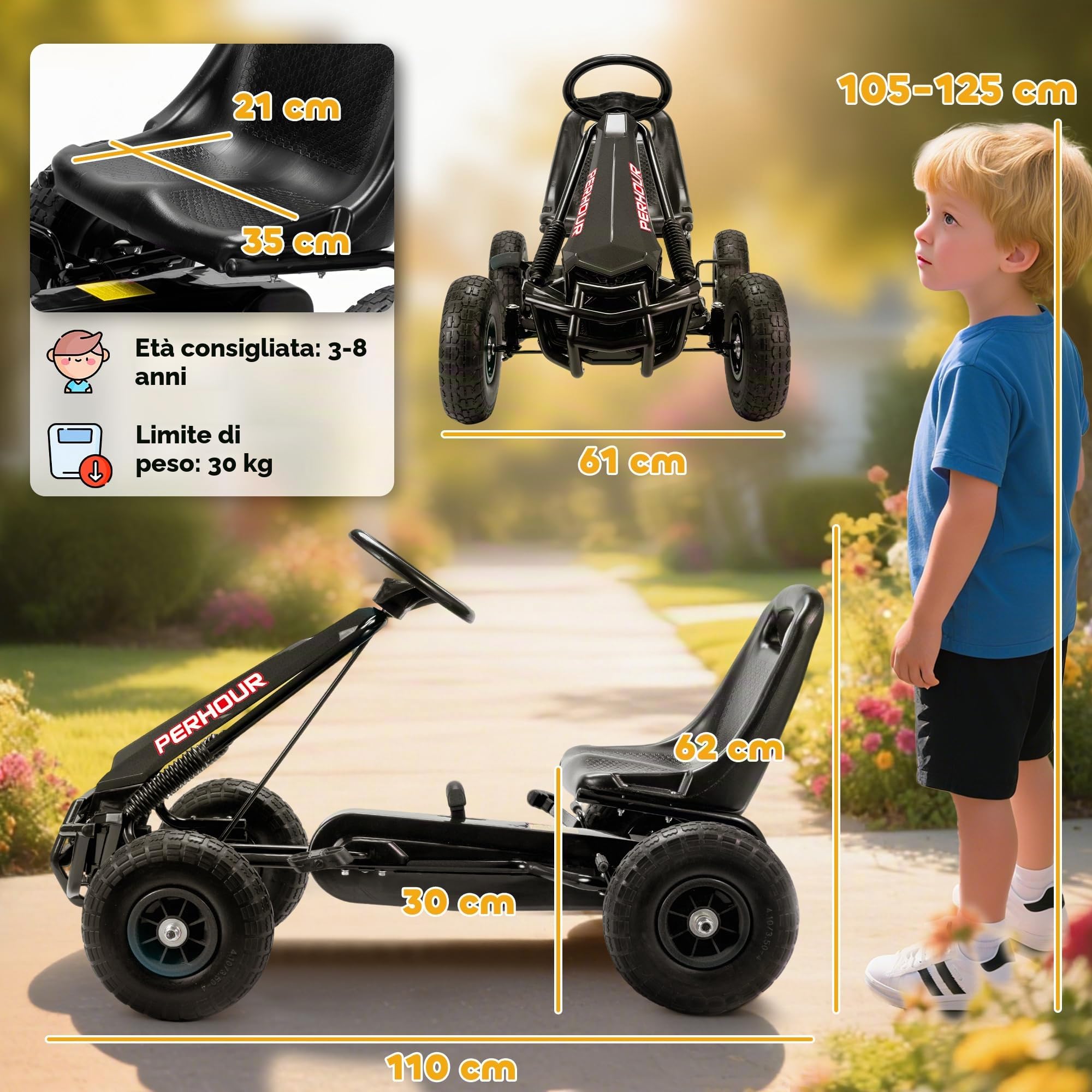AIYAPLAY Go-Kart a pedali per bambini, con sedile regolabile, pneumatici EVA, frizione e freno manuali, veicolo a pedali per bambini e bambine dai 3 agli 8 anni, nero