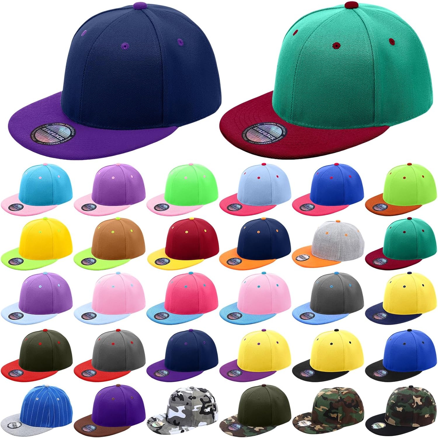 Syhood 30 Pcs Snapback Hats for Men Flat Bill Caps Bulk Hip Hop Blank Flat Brim Adjustable Baseball Caps