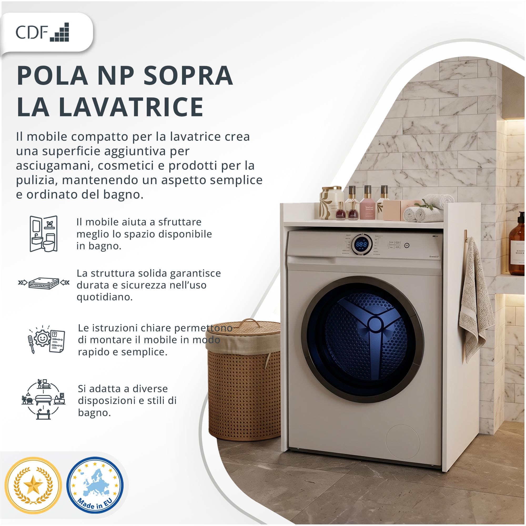 CDF Mobile Sopra Lavatrice Scaffale da Bagno Salvaspazio con Ripiano Portaoggetti Mobiletto Lavanderia Stabile 64 x 97,5 x 50 cm - Bianco Opaco