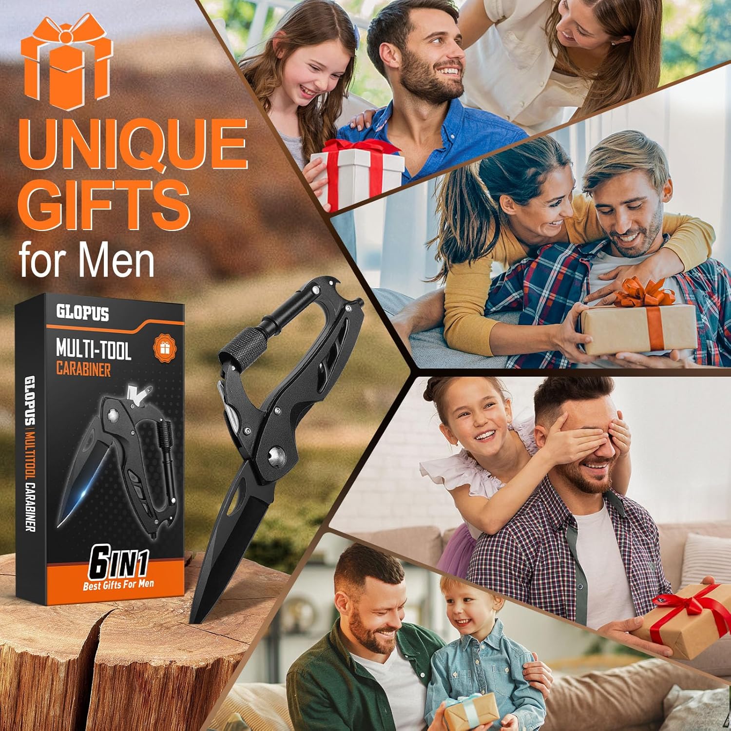 Multitool Carabiner with Pocket Knife, Birthday Gifts for Men Him Boyfriend, EDC Carabiners with Folding Knives, Bottle Opener, Window Breaker and Screwdriver, Survival Gear for Camping Hiking