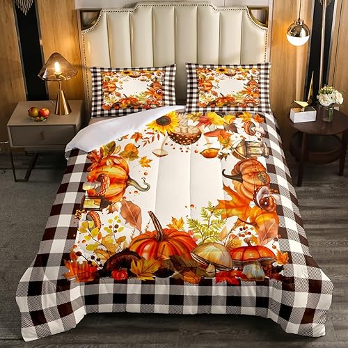 Miniatura 2 de Juego de ropa de cama tamaño Queen, diseño vintage de cosecha de otoño para el dormitorio del hogar, diseño de girasol, hojas de arce y girasol,