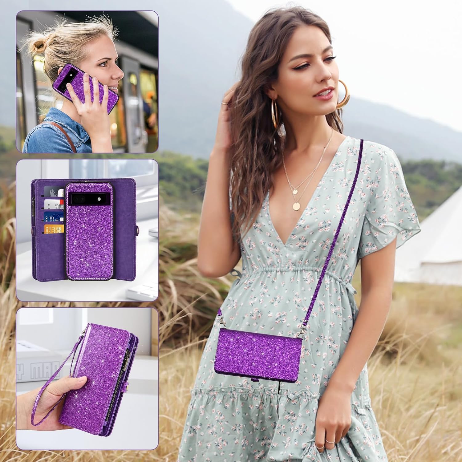 Asuwish Phone Case for Google Pixel 6A 5G 2022 Zipper Wallet Detachable Cell Cover with Tempered Glass Screen Protector Lanyard Wrist Strap Flip Credit Card Holder Slot Pixel6A A6 Women Men Purple