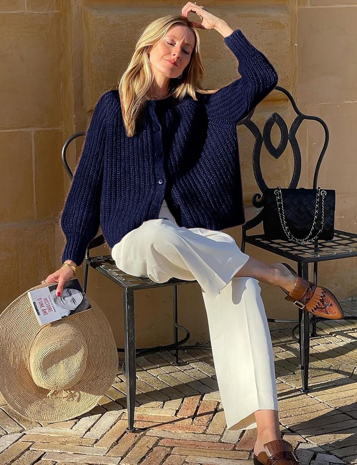 YKR Womens Fall Cardigan Sweater Long Sleeve Chunky Knit Open Front Button Loose Casual Cardigan Coat Navy M - Image 6