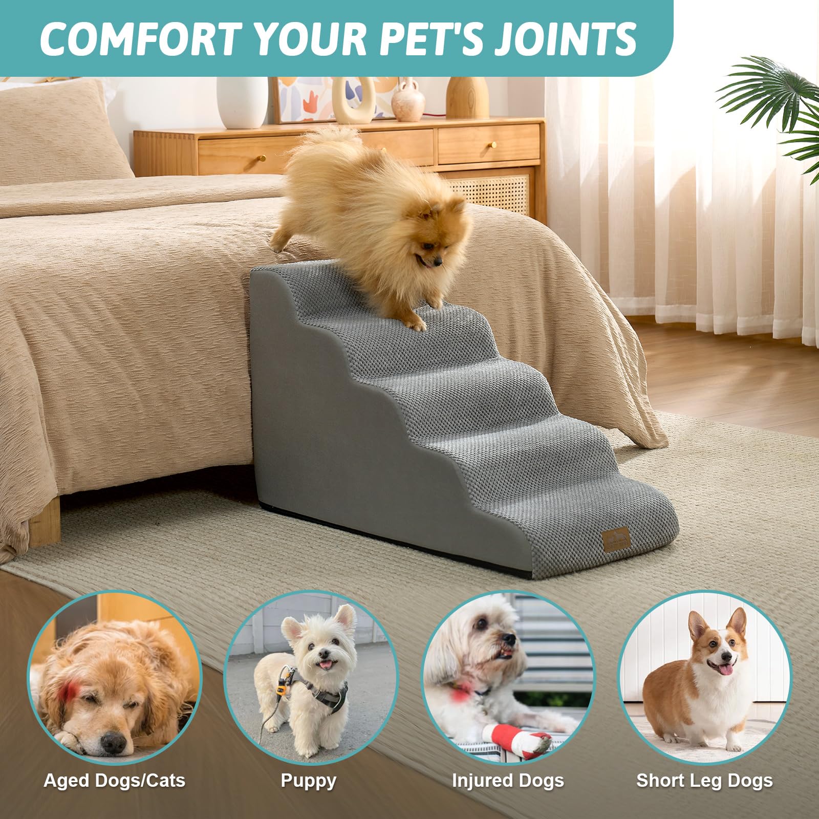 COZY KISS Escaleras para perros pequeños de 19.7 pulgadas de alto, escalón para mascotas con cubierta a prueba de fugas, rampa de espuma de alta densidad para cama, sofá o sofá, ligera, duradera