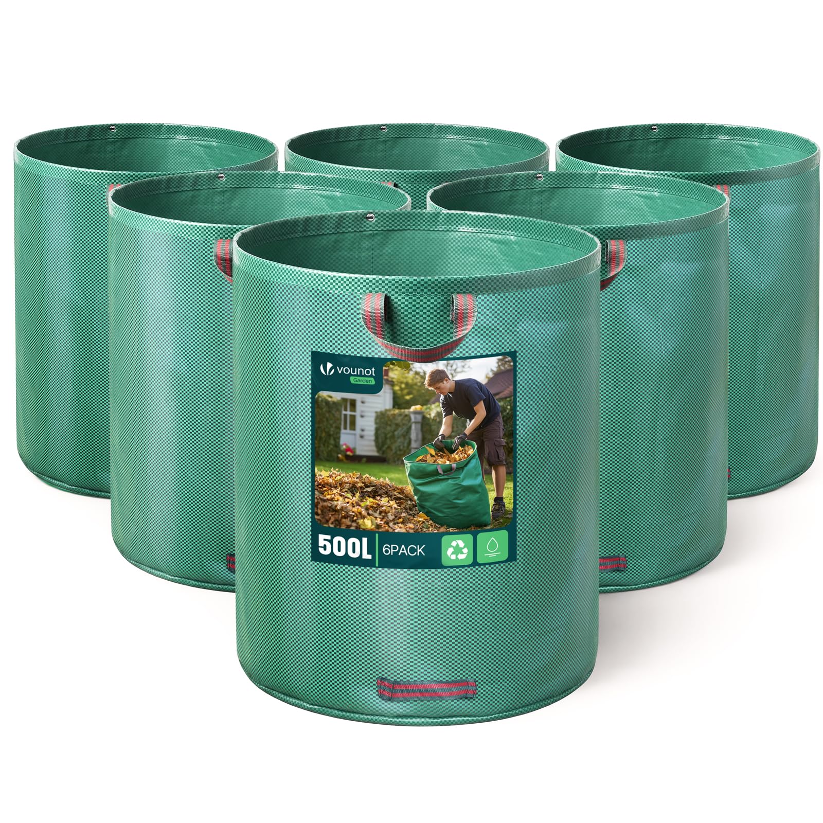 Bolsas de basura de jardín reutilizables VOUNOT de 500L, sacos grandes para residuos con asas
