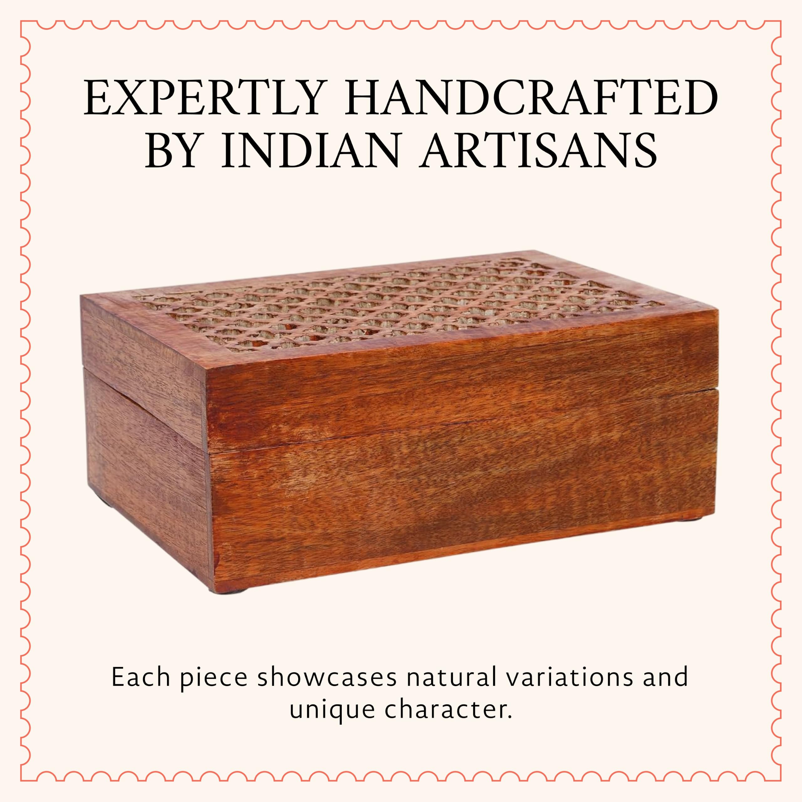 Mela Artisans Caja de recuerdo mediana con tapa de enrejado con bisagras, pulido medio, caja decorativa de madera, caja de recuerdos de recuerdo, caja de almacenamiento de madera de mango, almacena
