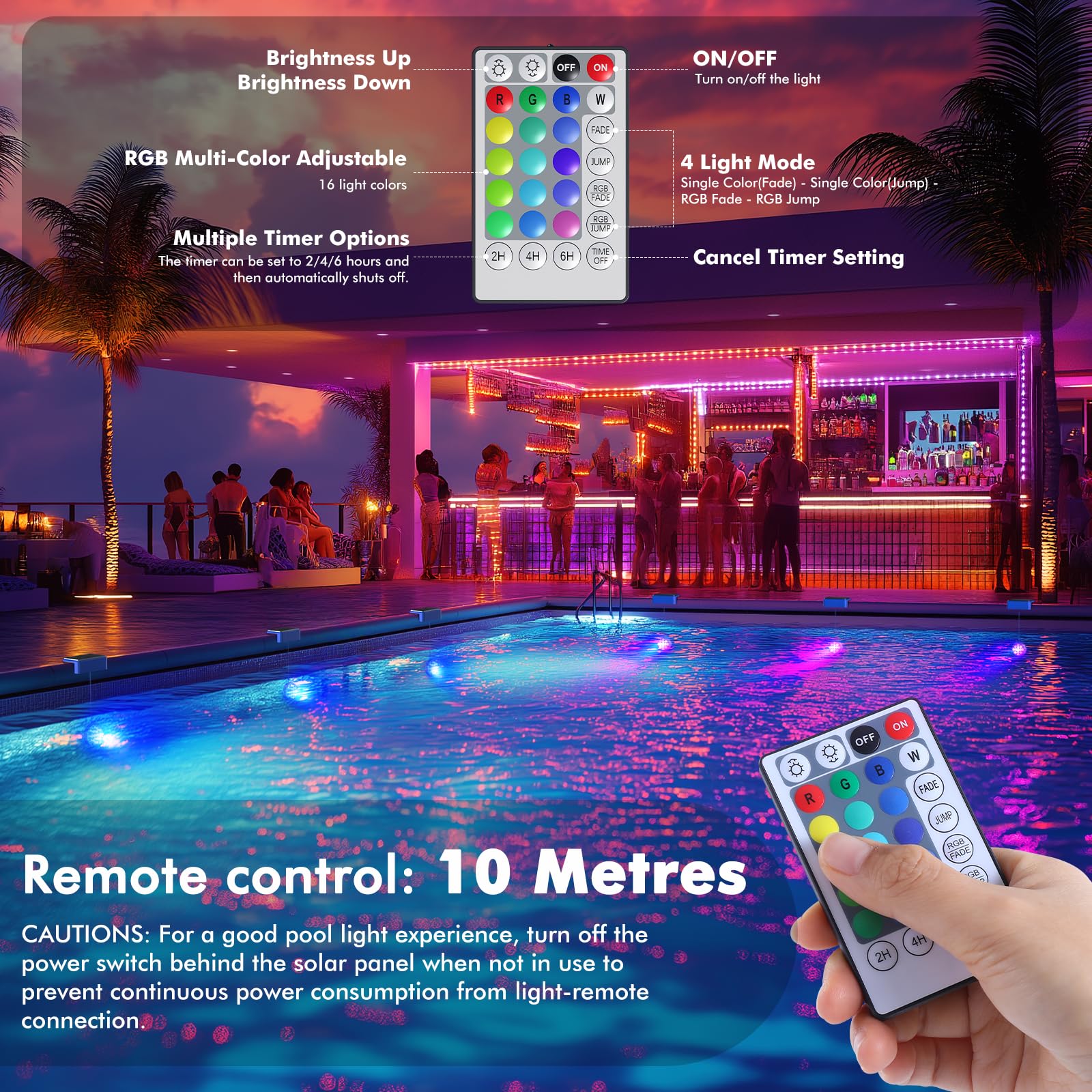 Quntis Luz Solar Piscina, RGBW Magnético Luces Solares Piscina Sumergible IP68 Impermeables,Control Remoto Sin Cable, Luces Led Para Piscinas, Acuarios, Estanques, 2 Paquete