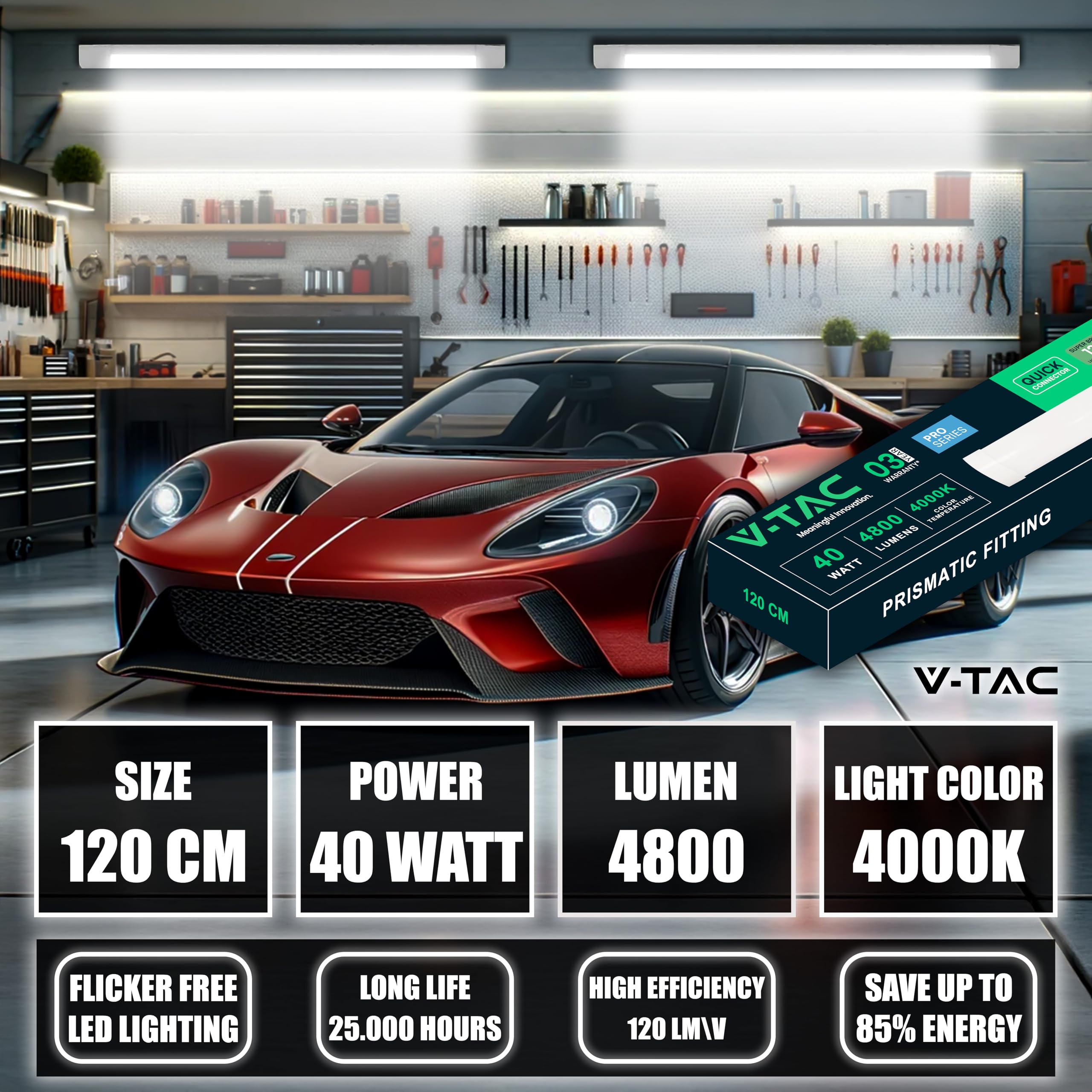 V-TAC 2x Réglette LED Linéaire 120 cm - 40W - PRO SERIES - Haute Luminosité - Plafonnier Lampe Rectangulaire 4800 Lumen IP20 pour Plafond, Garage, Magasin - Tube Led - Lumière 4000K Blanc Neutre