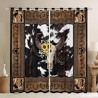 Western Cowboy Kids Window Curtains,Cow Skull Horseshoes Wooden Plank Window Drapes for Boys Girls Adults,Cow Fur Rustic Farmhouse Retro Window Treatments Grommet Top 2 Panel Set,52Wx63L inch