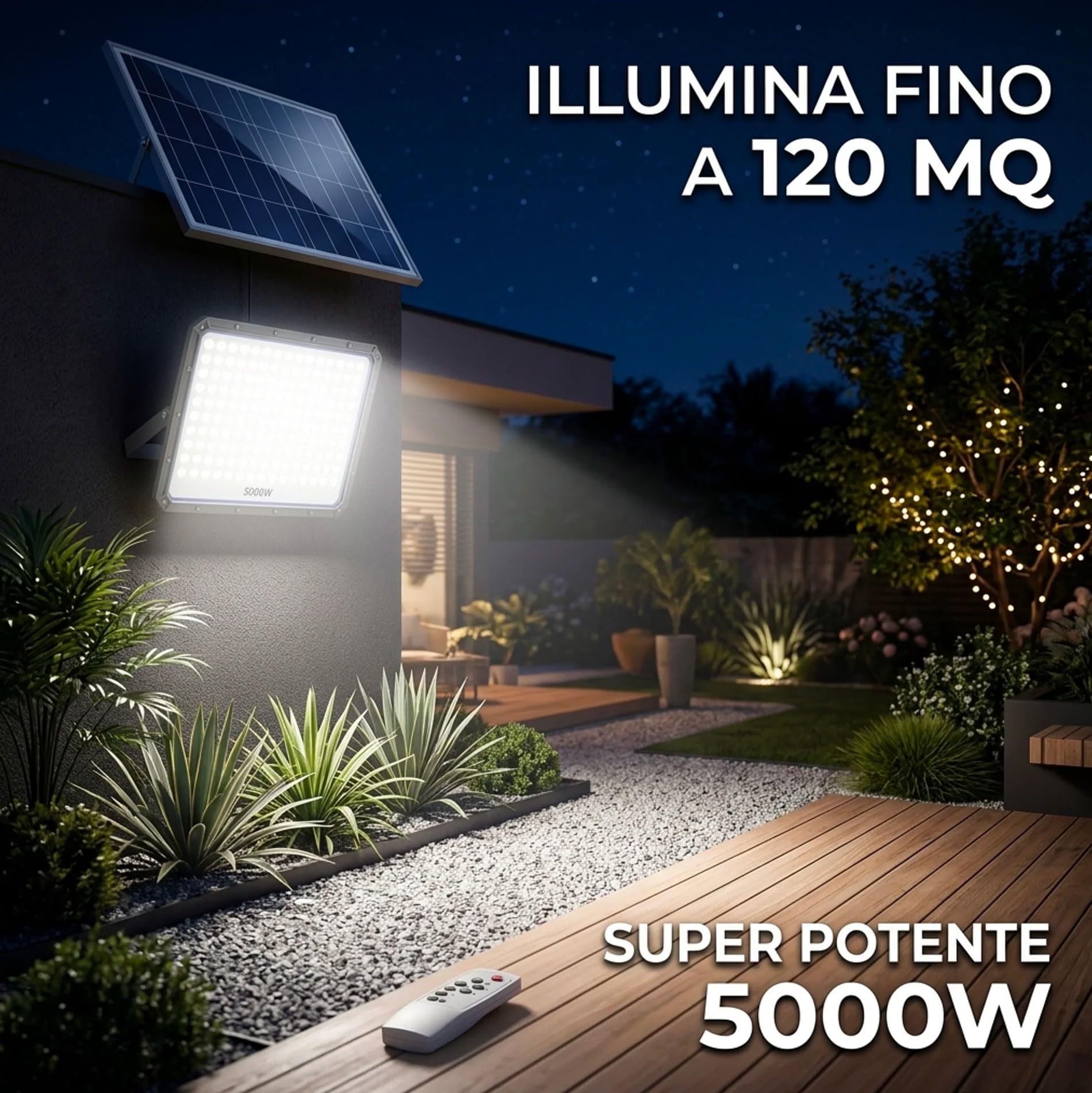 081 Store - Faro LED Esterno con Pannello Solare 5000W, IP66 Impermeabile, 320 LED, Luce Bianca 6500K, Telecomando, Autonomia 12 Ore