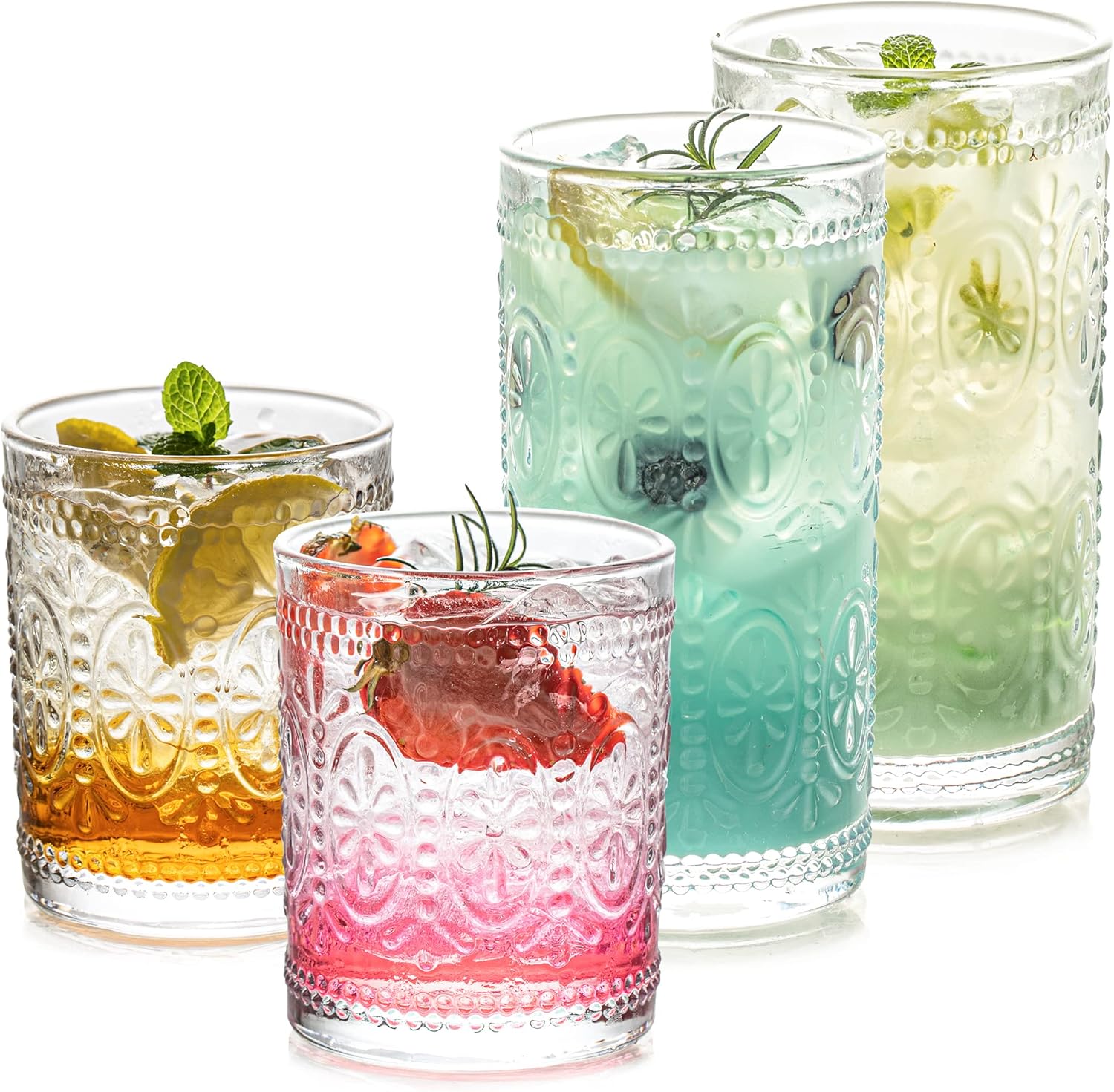 POLIDREAM Stylish Vintage Glassware Set 4 Pack Embossed