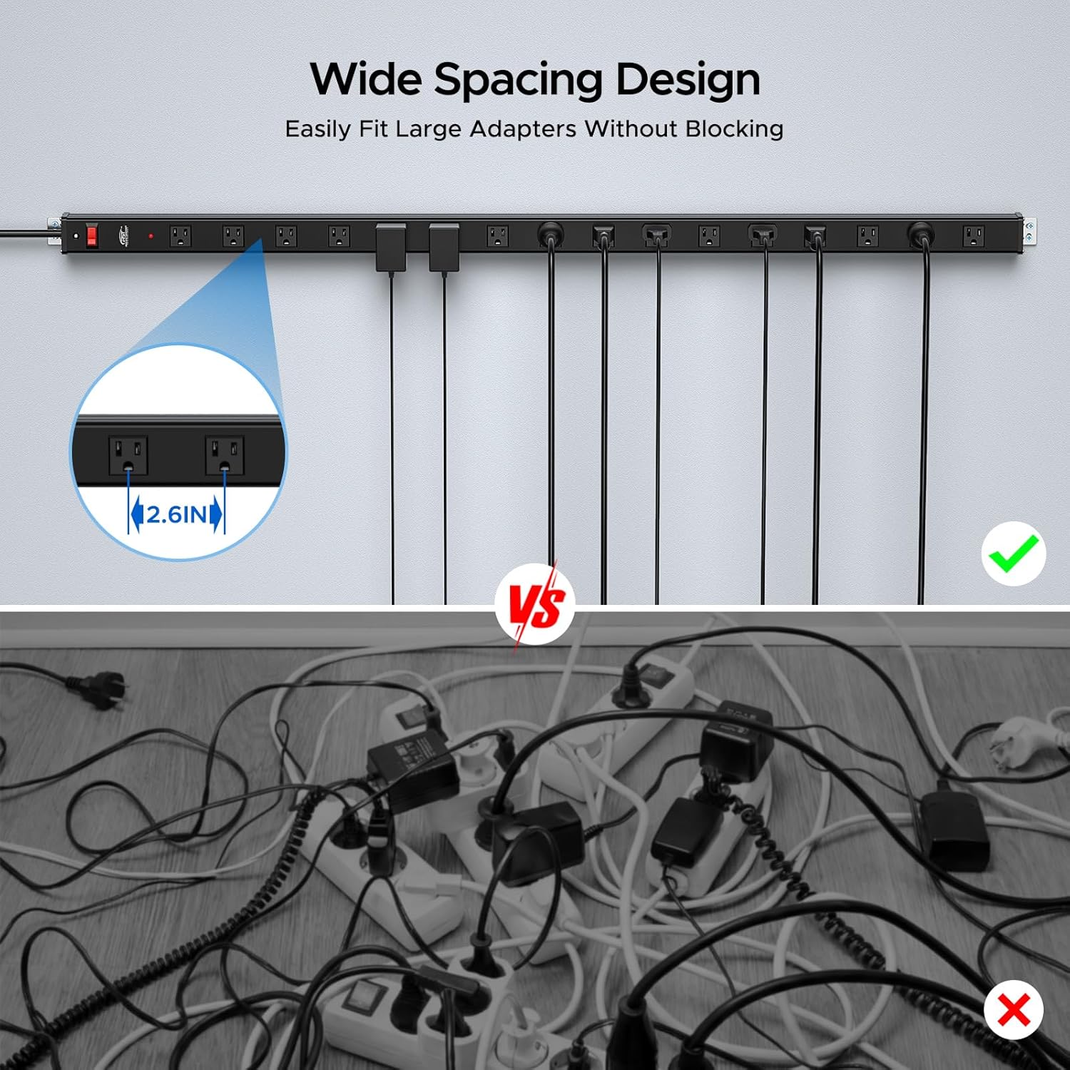CRST 16-Outlet Long Power Strip, 15FT 1800J Heavy Duty Surge Protector with Wide-Spaced Outlets,15A Overload Protection, ETL Listed, Wall Mountable Metal Industrial Power Strip for Garage Workshop