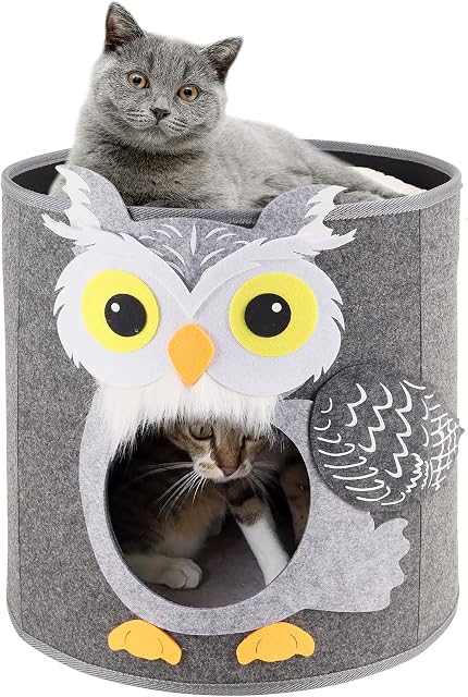 Dripex Large Cat Bed Cave for Indoor Cats, Collapsible Felt Cat Hideaway Bed with Washable Cushions, Indoor Enclosed Pet Bed House for 2 Cats