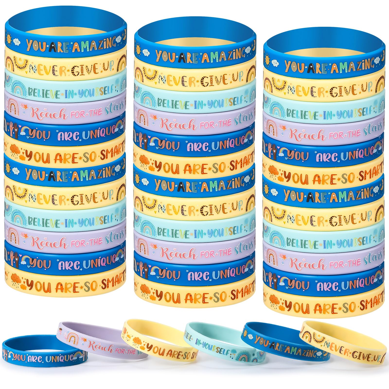 Poen 48 Pcs Motivational Silicone Bracelets Rainbow Inspirational Silicone Boho Wristbands Back to School Gifts for Kids Students Teachers School