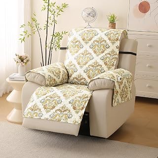 HOKIPO 'VivaCasa Series' Polyester Quilted Recliner Sofa Mat with Side Pockets,Damask Beige(In-726-D4)