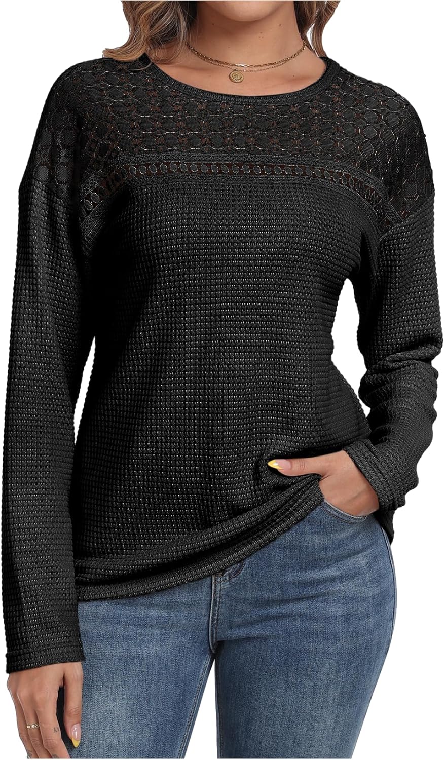 Waffle Knit Tops Women Lace Crew Neck Long Sleeves Shirts Dressy Casual Blouses Basic - Image 6