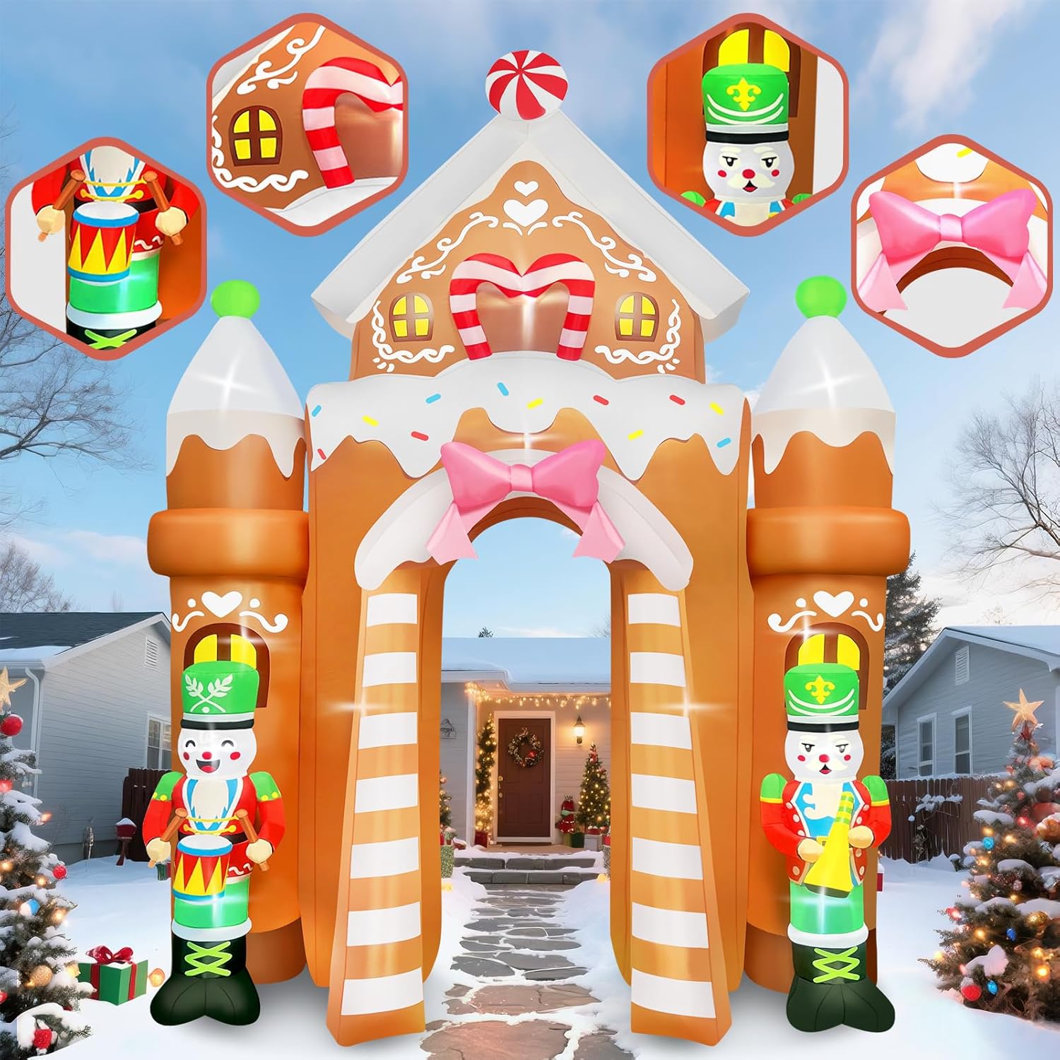 Kalolary 12FT Christmas Inflatable Archway Outdoor Decorations, Xmas Gingerbread Nutcracker Soldiers Arch Inflatable Blow Up Yard Decorations with Build-in Lights for Christmas Party Garden Lawn Decor