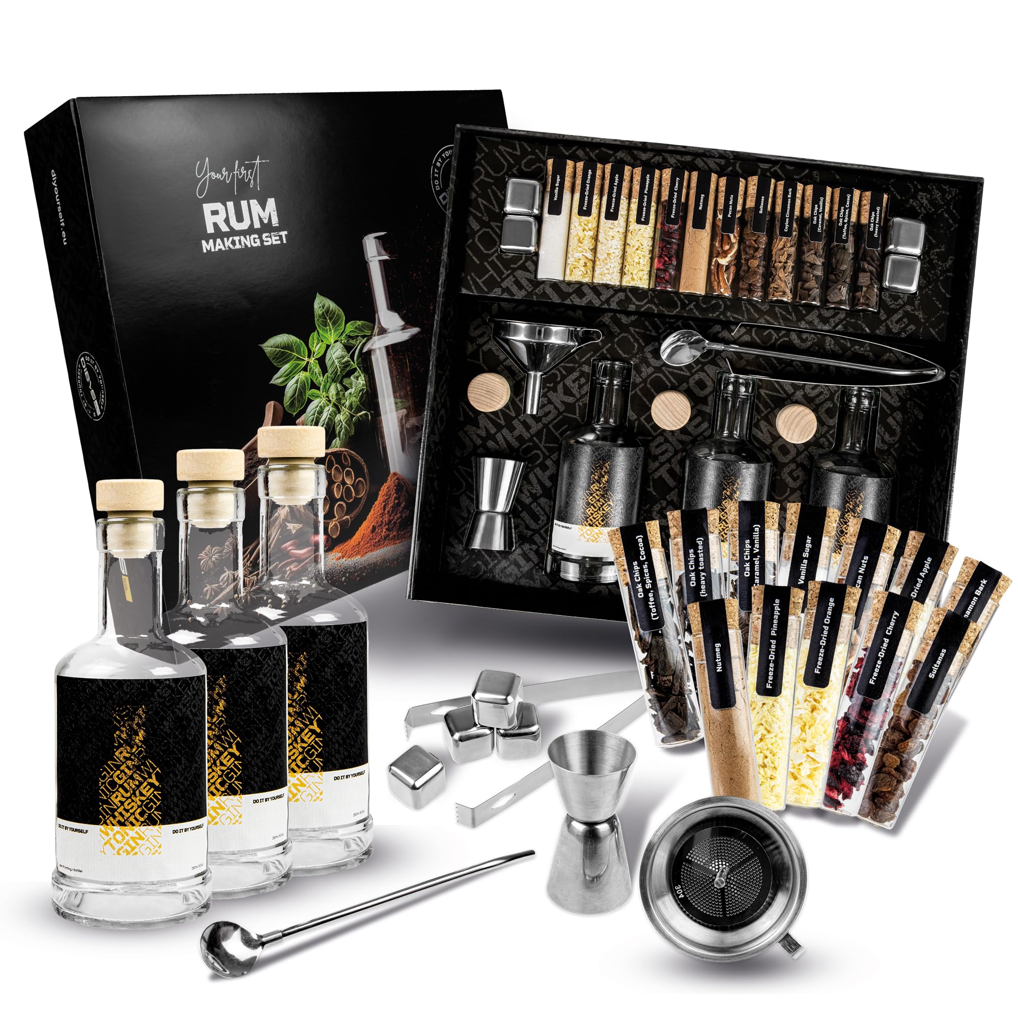 DIBYS Rum-Selber-Machen-Set inkl. 12 natürlichen Botanicals & Zubehör - Rum-Probier-Set als schönes Geschenk für Liebhaber - DIY-Baukasten mit 4 Rezepten
