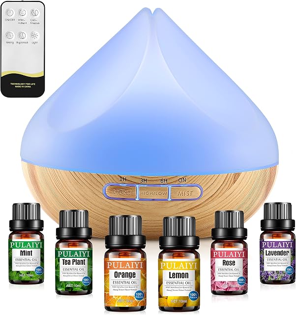 Essential Oil Diffuser, 500ml Aromatherapy Diffuser with 6 Essential Oils Gift Set, Aroma Oils Diffuser Humidifier with 14 Colour Lights, 4 Timer Setting, Auto Shut-Off