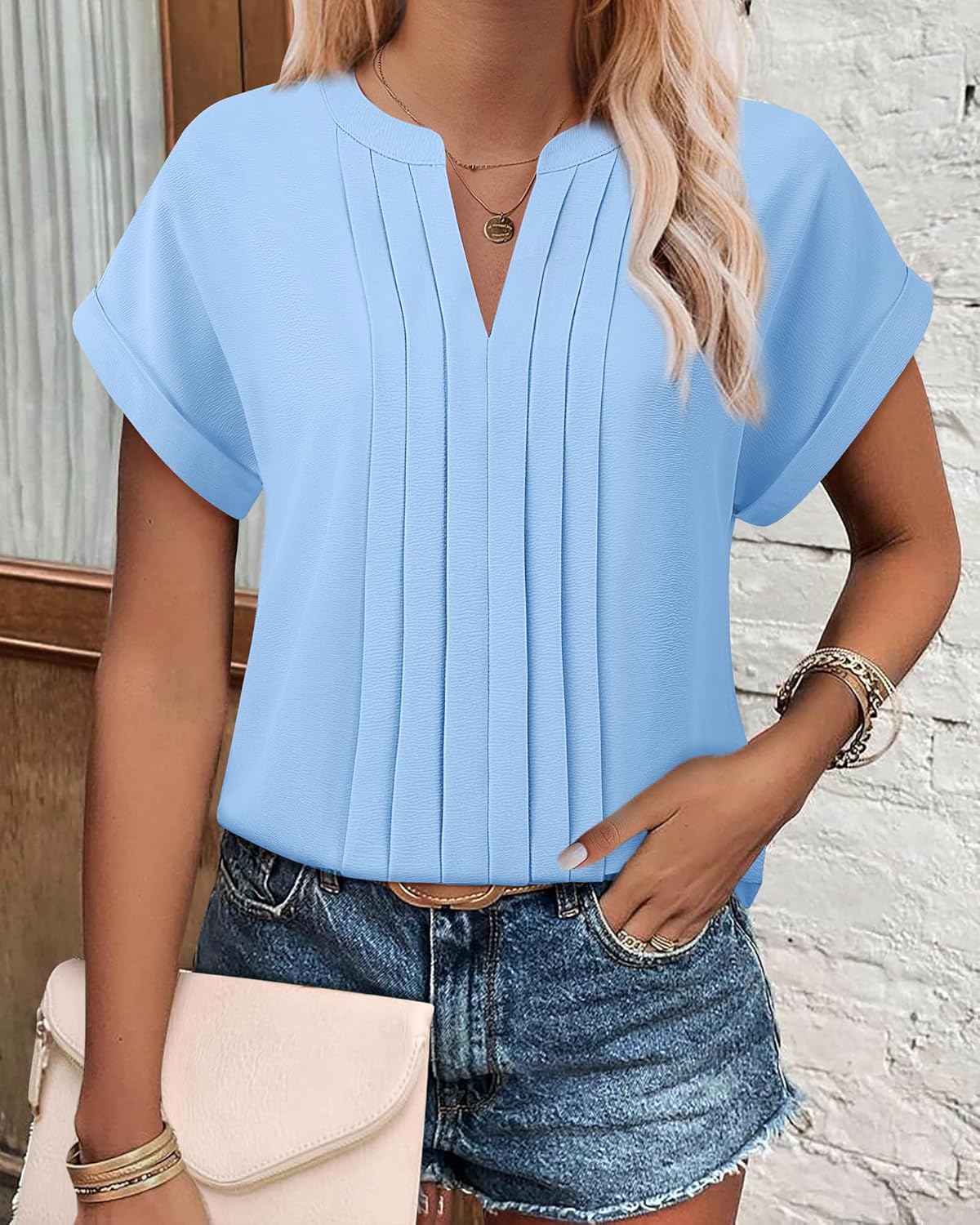 Gaharu Women's Summer Pleated Work Top Short Sleeve Business Casual Blouse Basic Dressy Shirt - Image 4