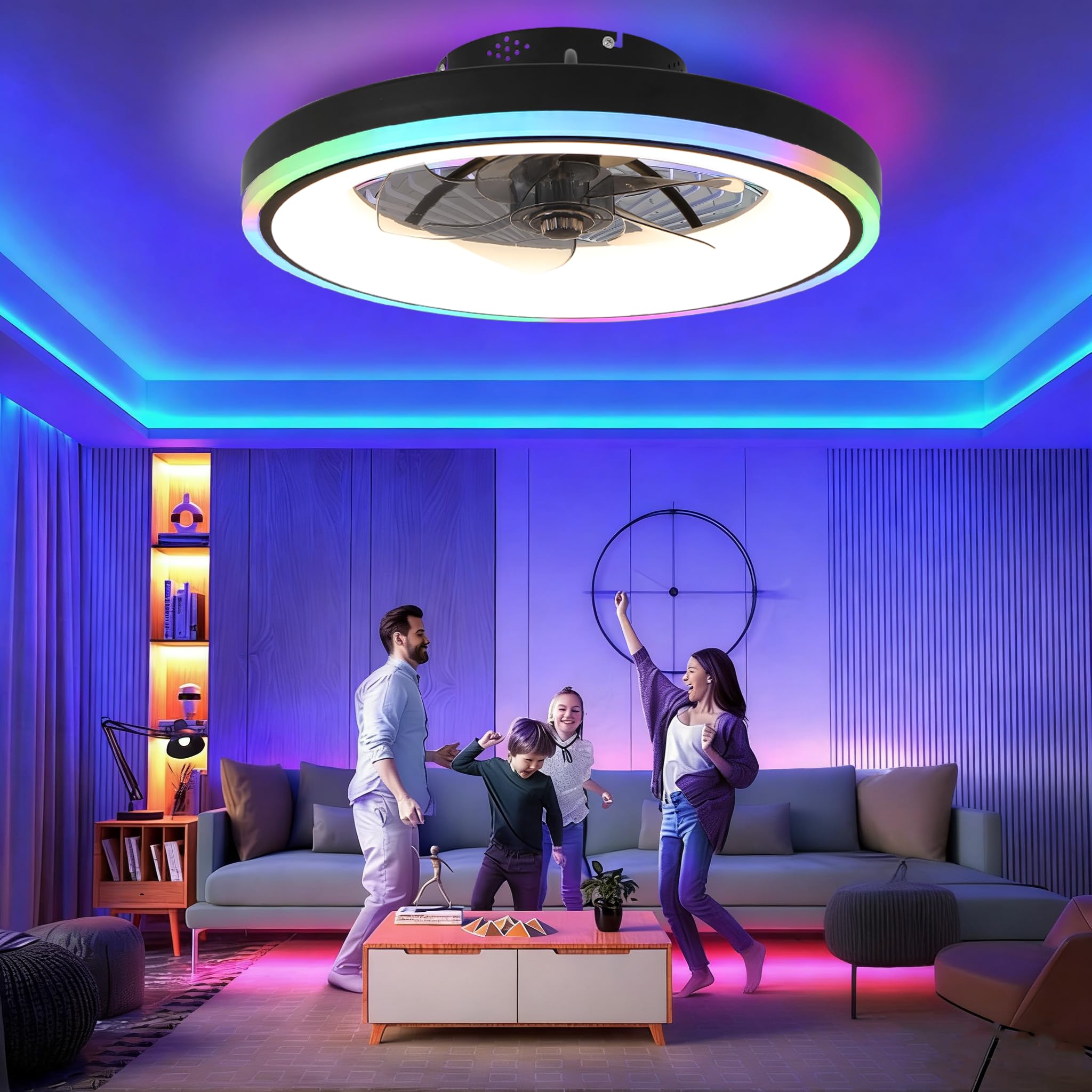 60W RGB Deckenventilator mit Beleuchtung, Leiser Deckenleuchte Mit Ventilator, Fernbedienung & APP, dimmbar (3000K-6500K), 50cm Lampe mit Ventilator, 6 Windstufen Timer, Schlaf- Wohnzimmer