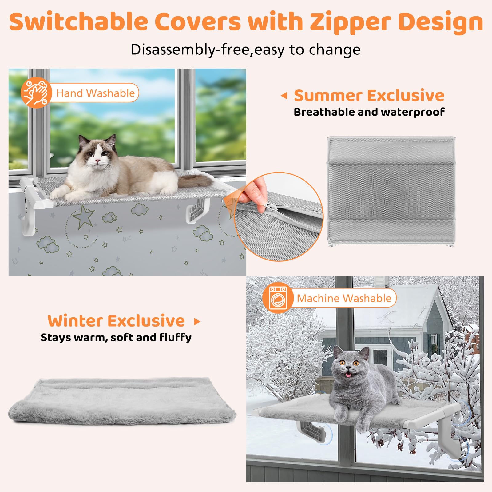 Percha para ventana de gato 2 en 1, hamaca para gatos con ajuste de sujeción deslizante de metal, cubierta extraíble de dos telas, 4 ventosas, camas de ventana para gatos de interior (22 x 13