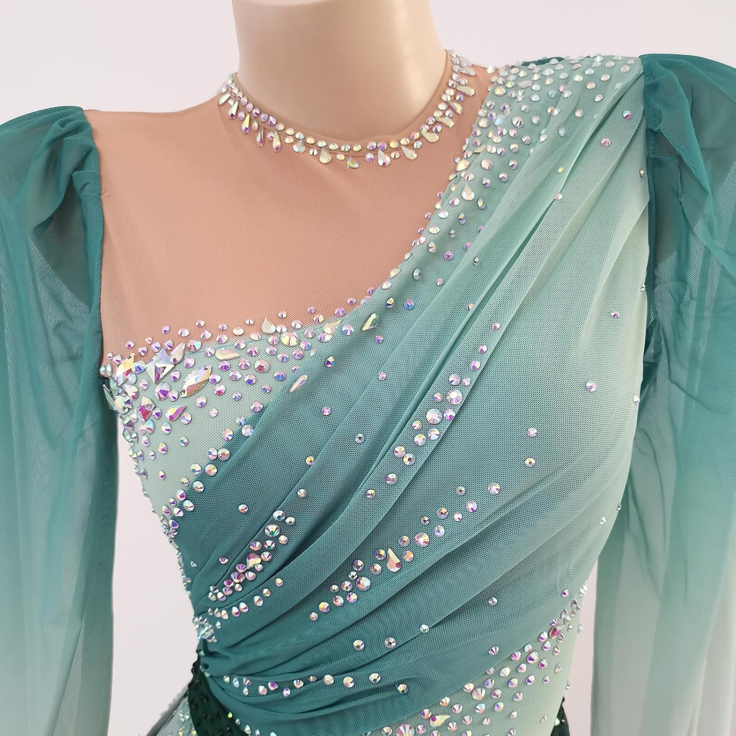 LIUHUO Ice Skating Dress Girls' Elegant Green Handmade Diamond Long Sleeves Competition Danceplace