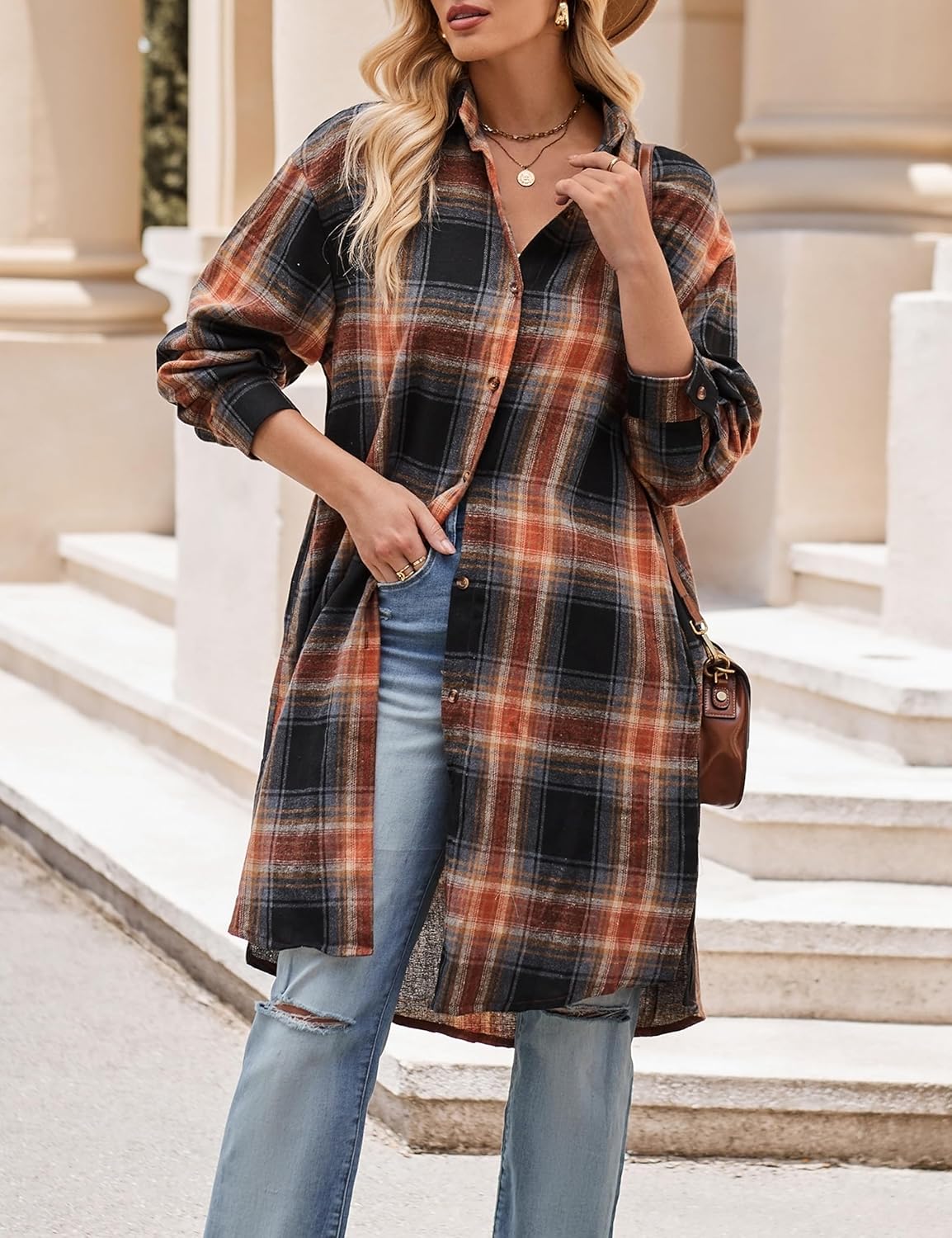 Womens Casual Long Flannel Plaid Shirts Fall Fashion Long Sleeve Boyfriend Coats Jackets with Pockets - Image 6